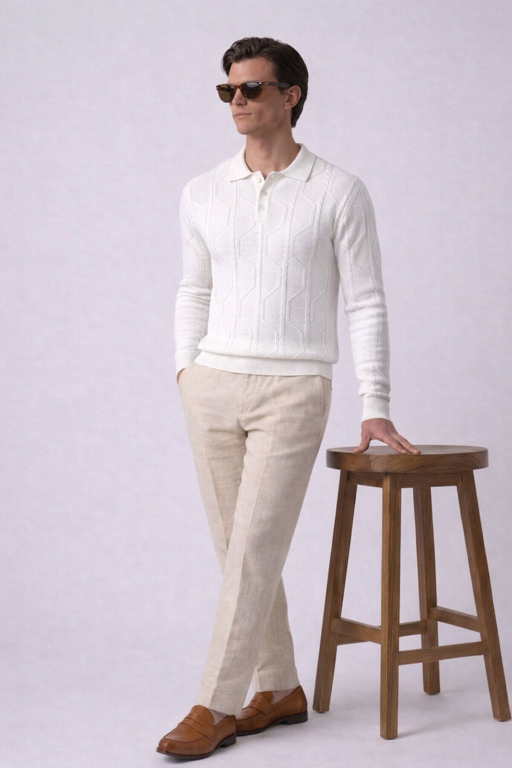 White Braided Textured Knit Polo by French Cuff