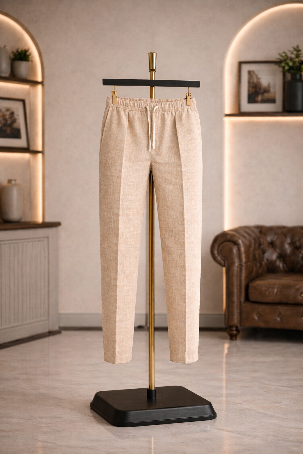 Khaki Linen Drawstring Trouser Pant by French Cuff