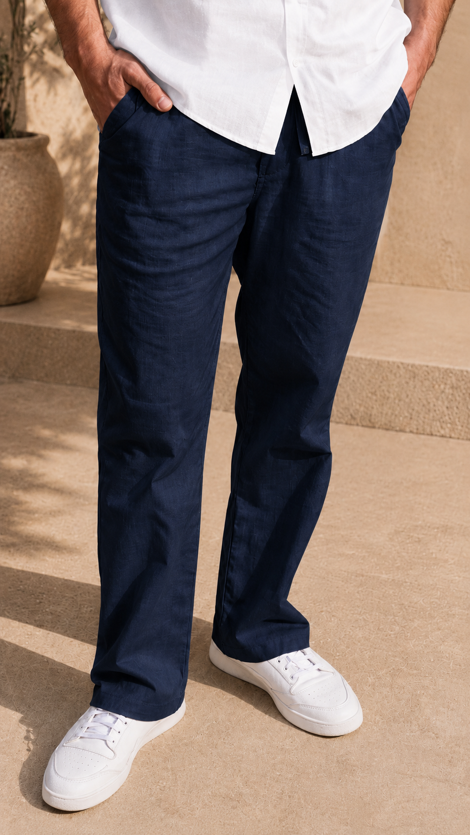 Full Sleeve Belgium Linen Pair For Men | White Shirt with Navy Pant by frenchcuff