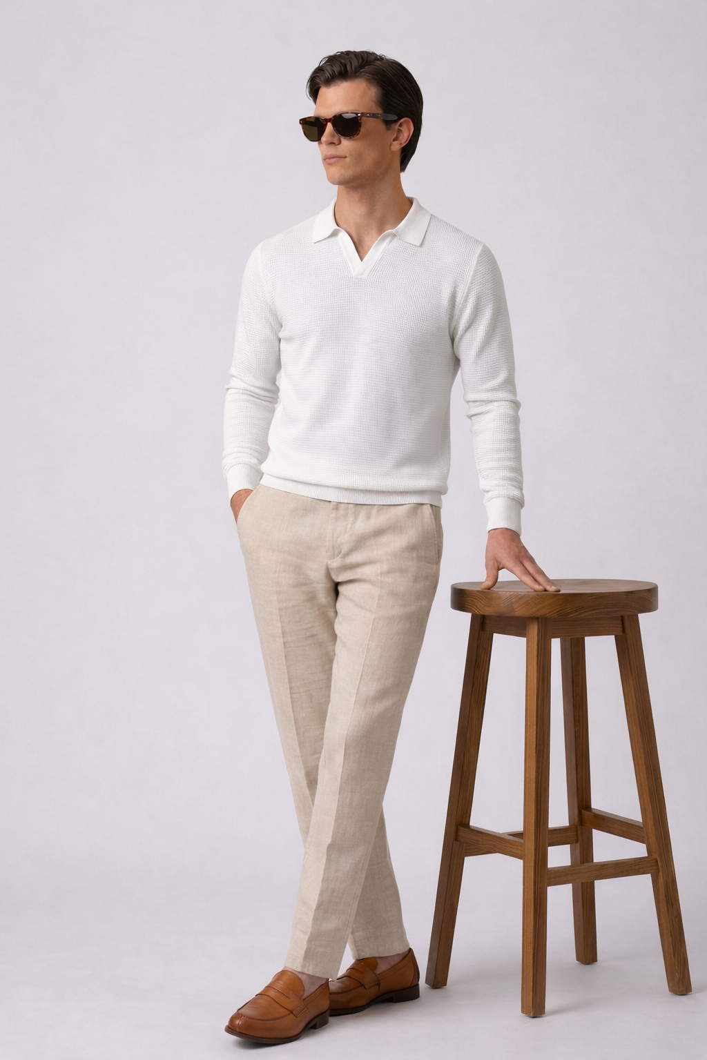 White Textured Knit Polo by French Cuff