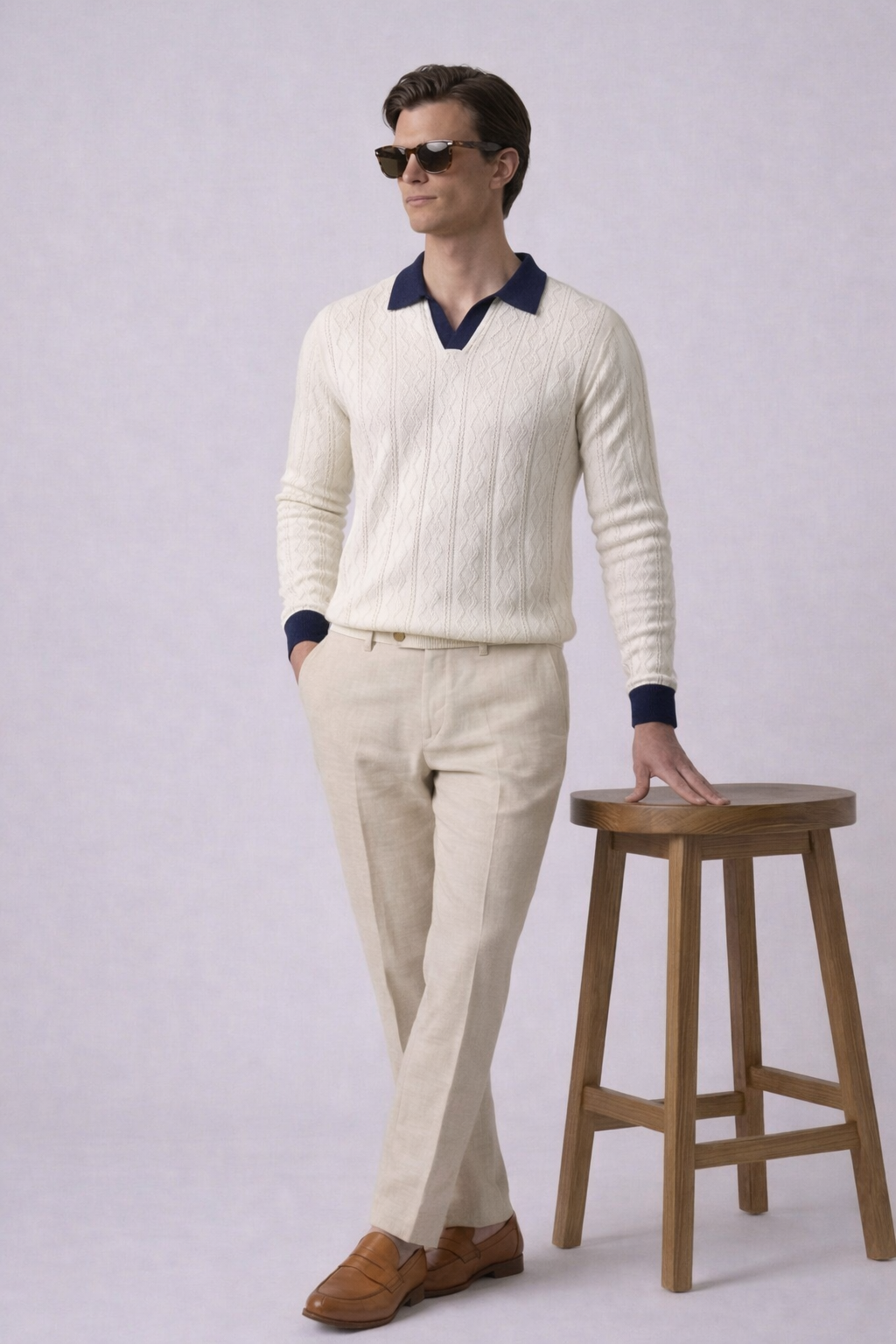 White Aran Textured Full Sleeves Knit Polo T-Shirt