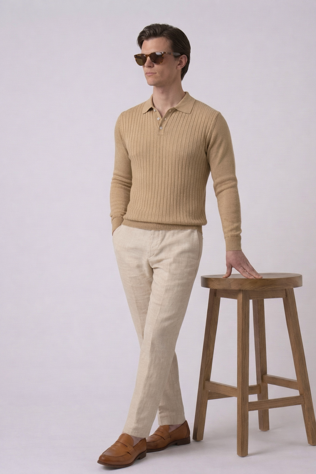 Beige Textured Knit Polo T-Shirt