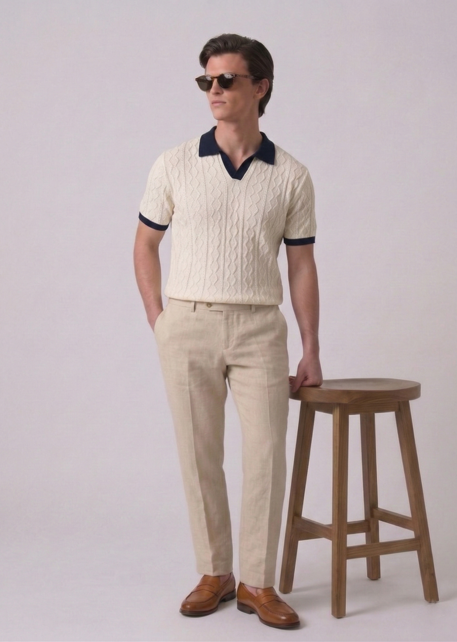 White Aran Textured Knit Polo by French Cuff