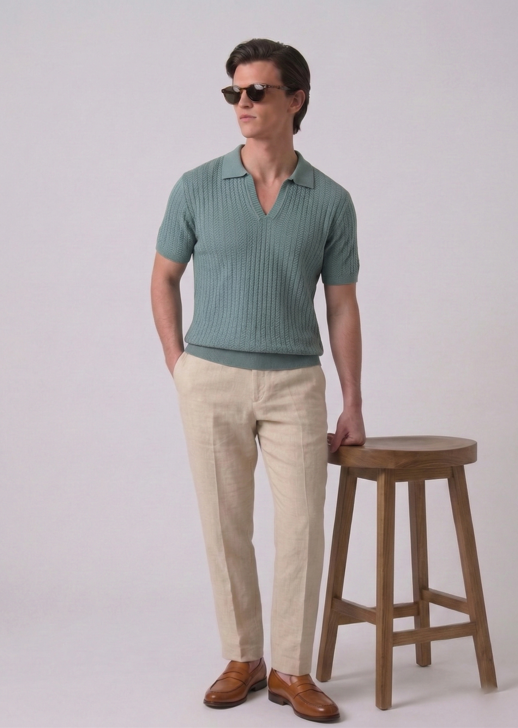 Sage Green Textured Knit Polo by French Cuff