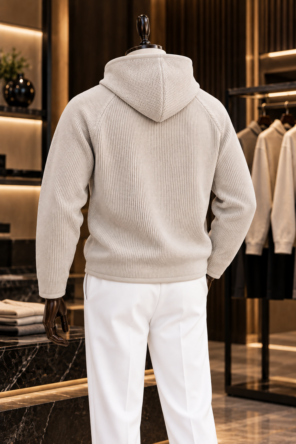 Men’s Beige Waffle Knit Hoodie | Cowl Neck Pullover