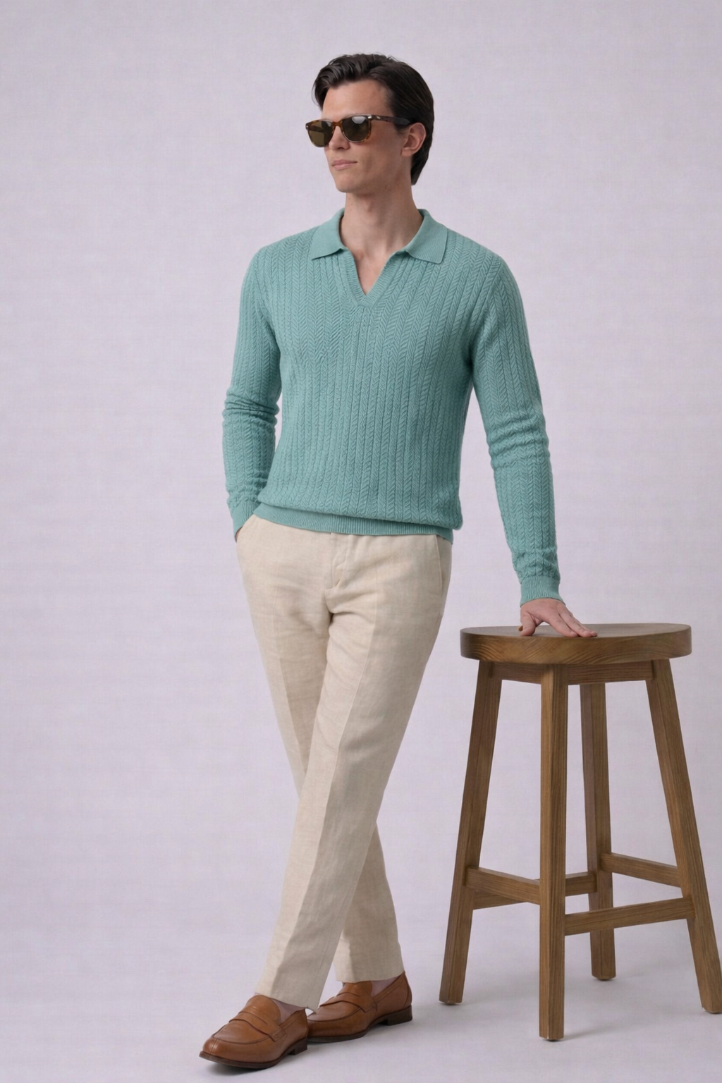 Sage Green Textured Knit Polo by French Cuff