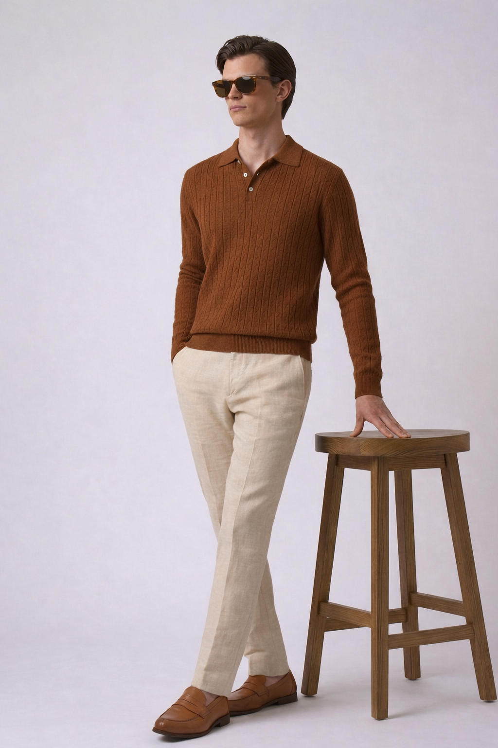 Espresso Textured Full Sleeves Knit Polo T-Shirt