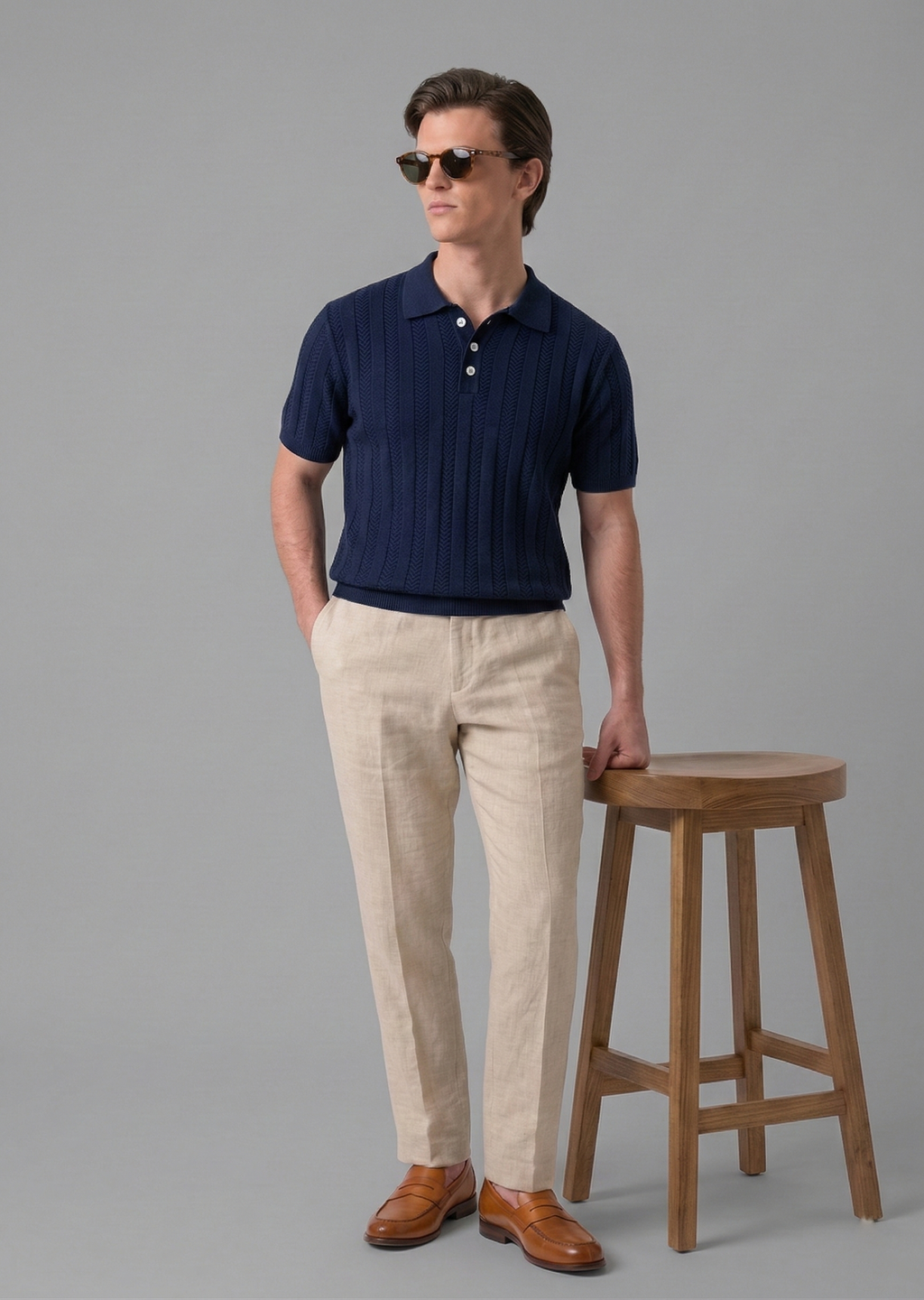 Navy Blue Chevron Textured Knit Polo by French Cuff