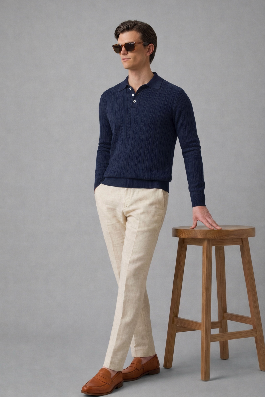 Navy Blue Chevron Textured Knit Polo by French Cuff