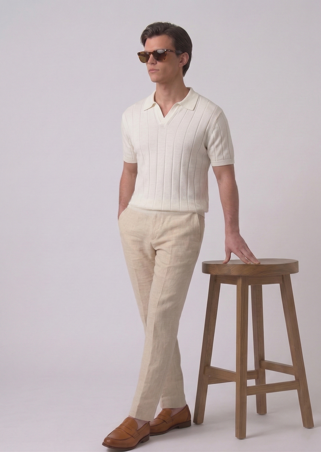 White Contour Textured Full Sleeves Knit Polo T-shirt
