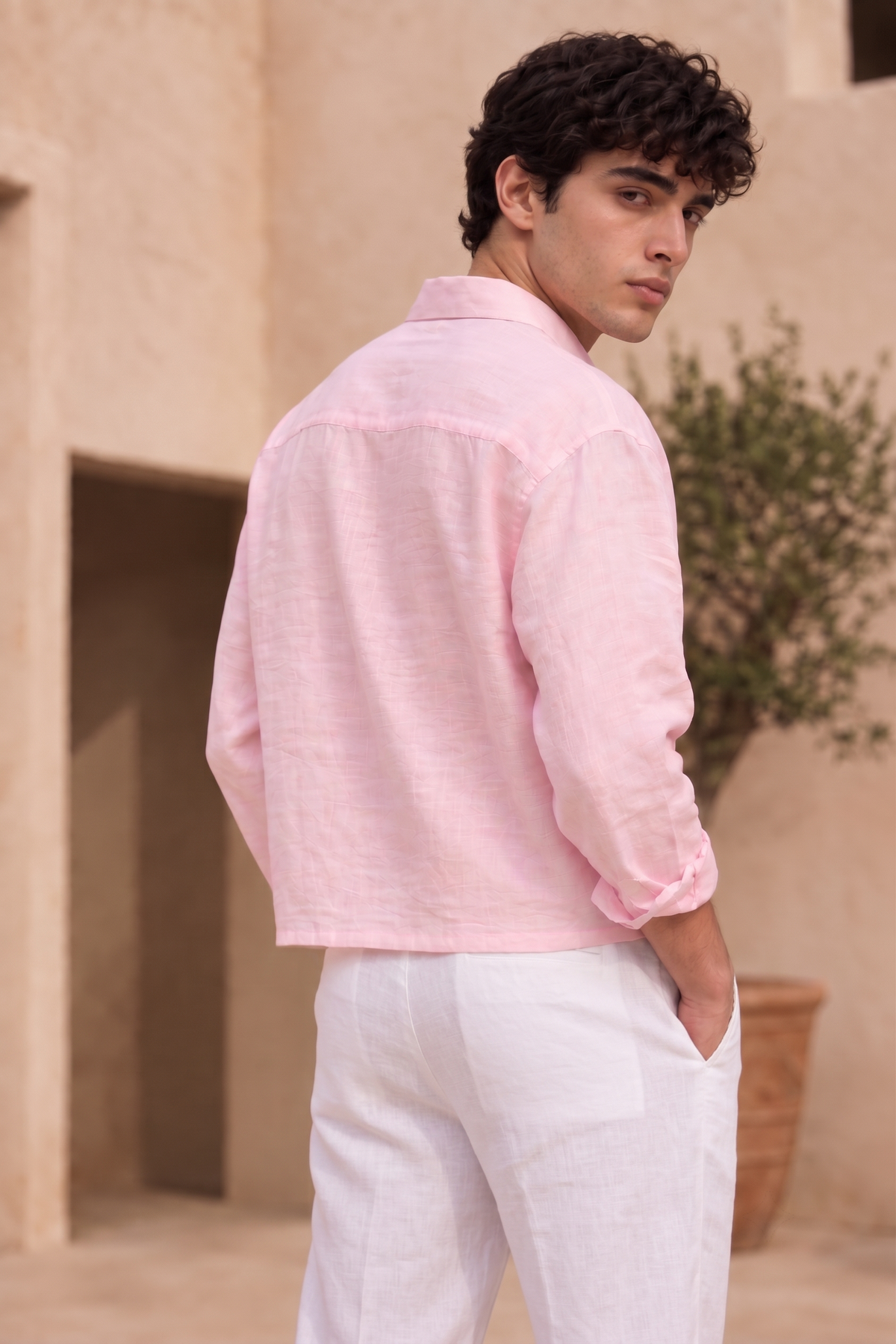 Full Sleeve Pink Boxy Fit Pure Belgium Linen Crop Shirt