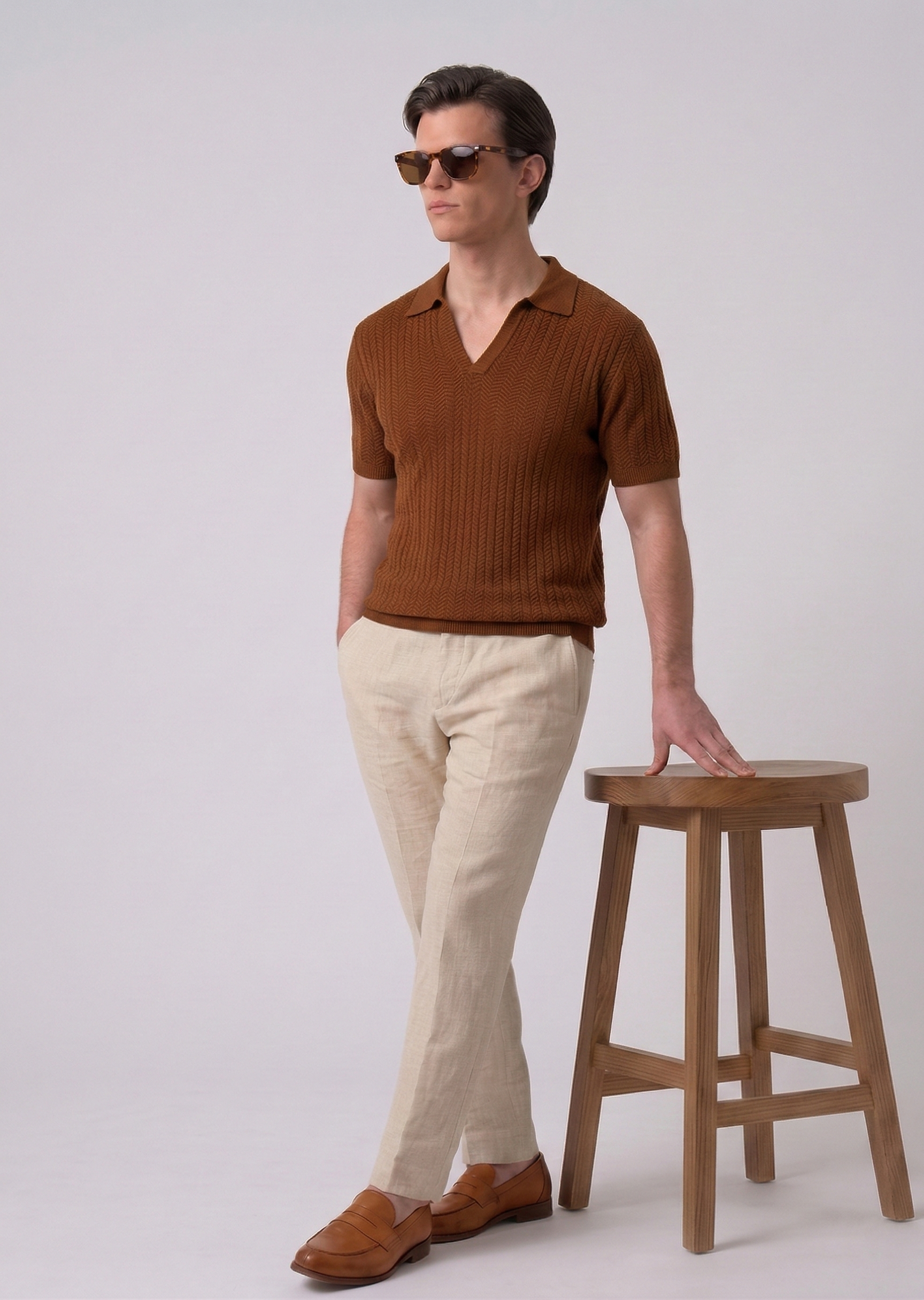 Brown Chevron Textured Knit Polo by French Cuff