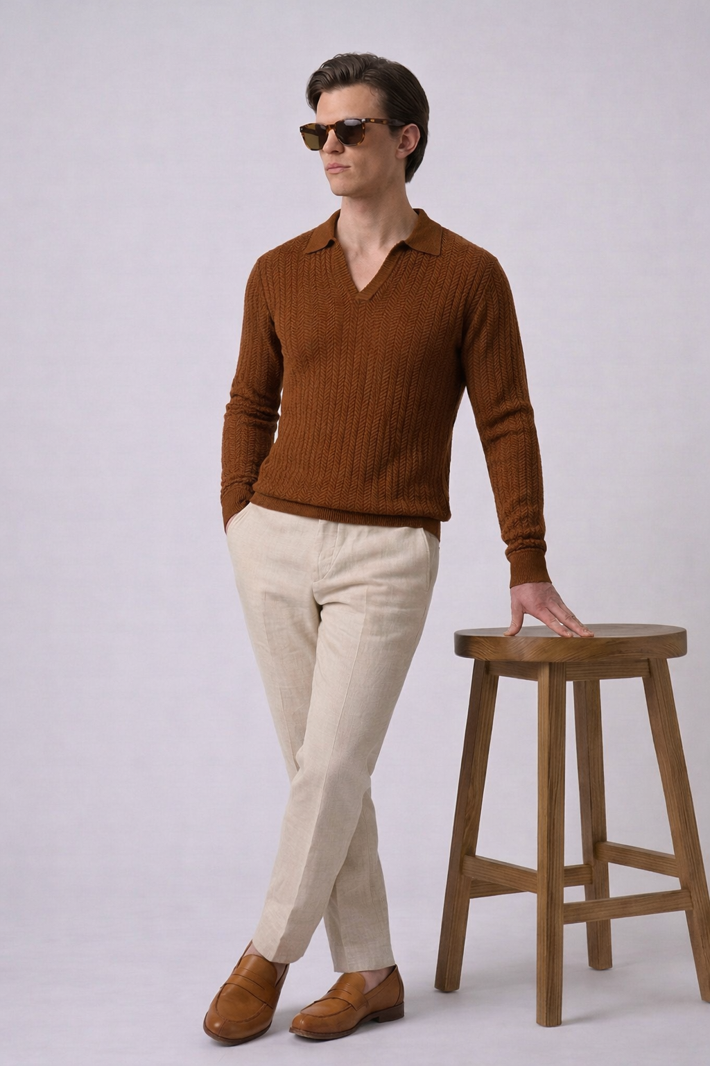 Brown Chevron Textured Full Sleeves Knit Polo T-Shirt