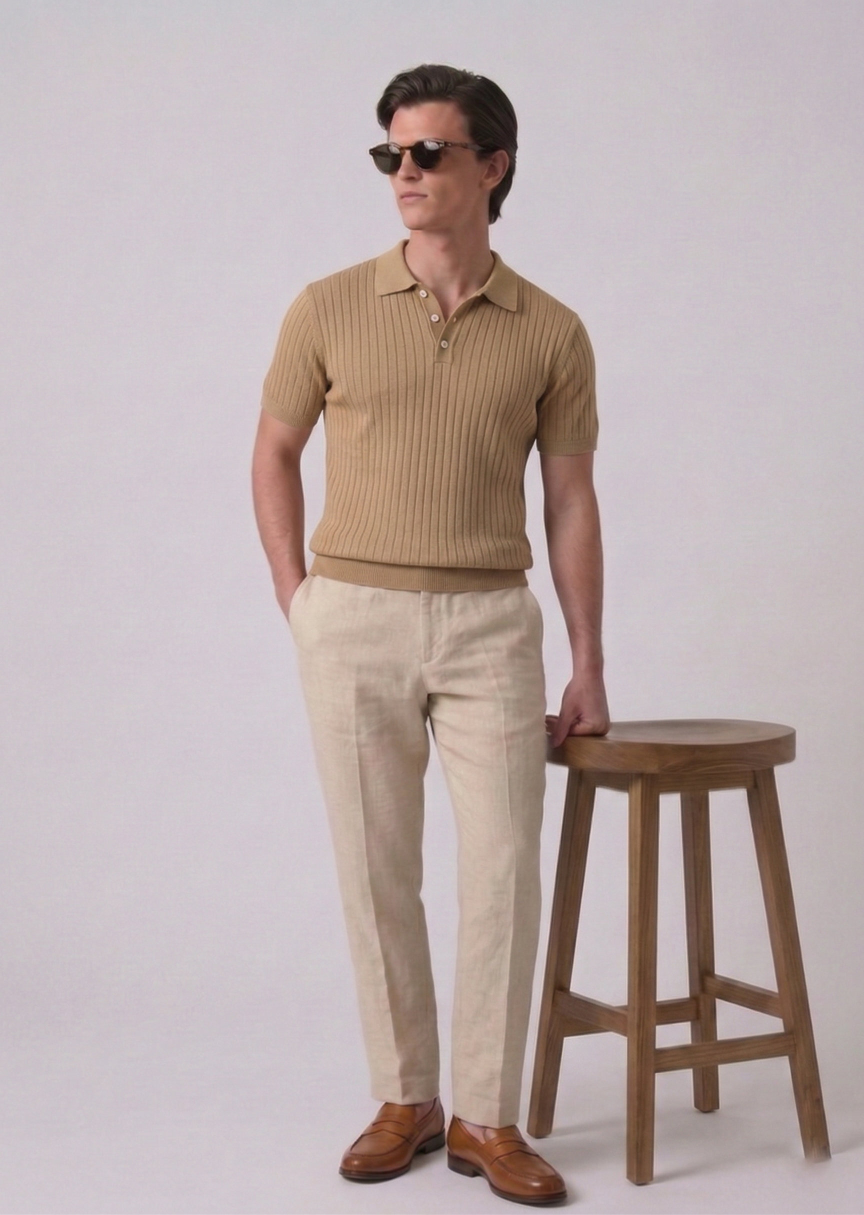 Beige Textured Knit Polo by French Cuff