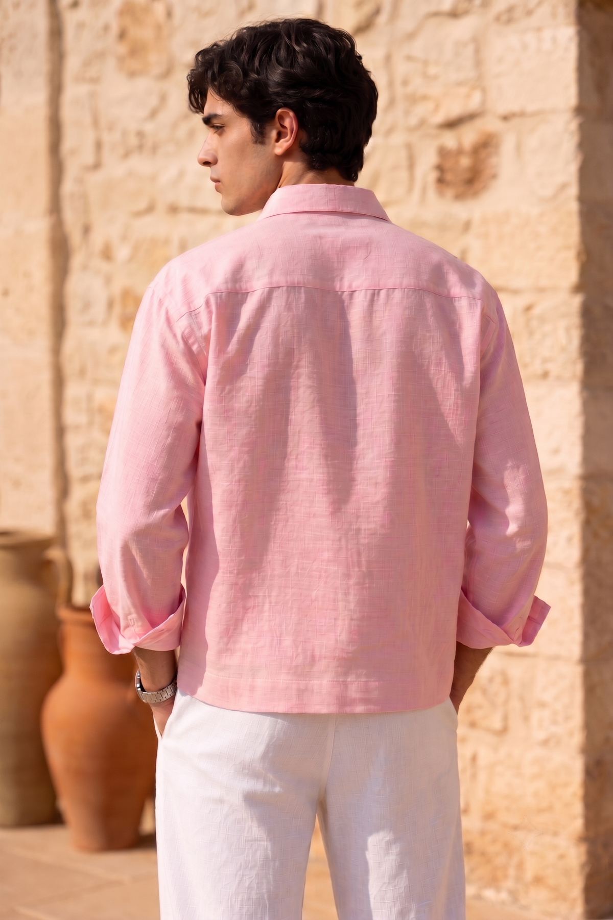Full Sleeve Pink Boxy Fit Pure Belgium Linen Crop Shirt