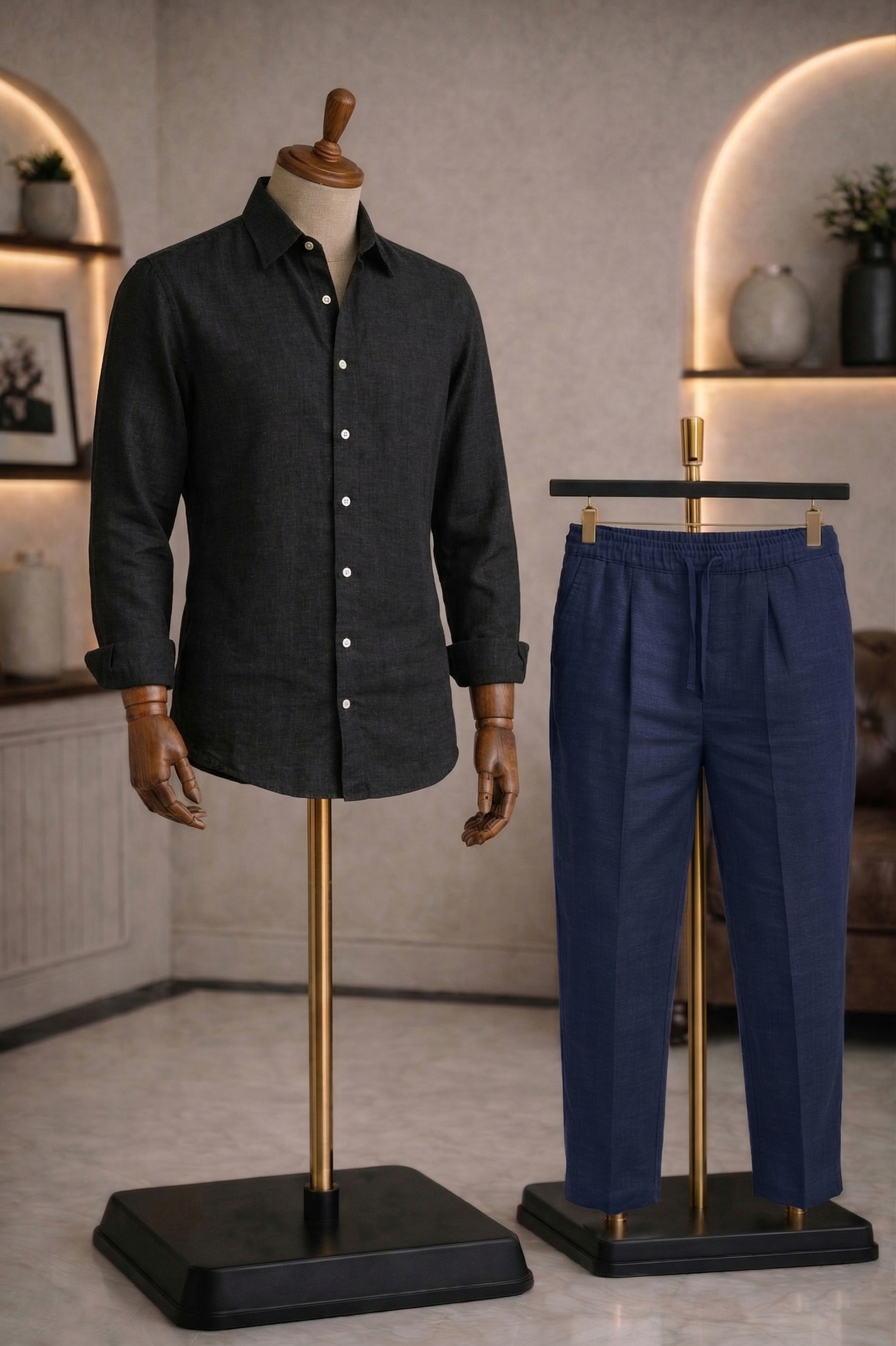 Full Sleeve Linen Pair For Men | Black Linen Shirt with Navy Linen Pant