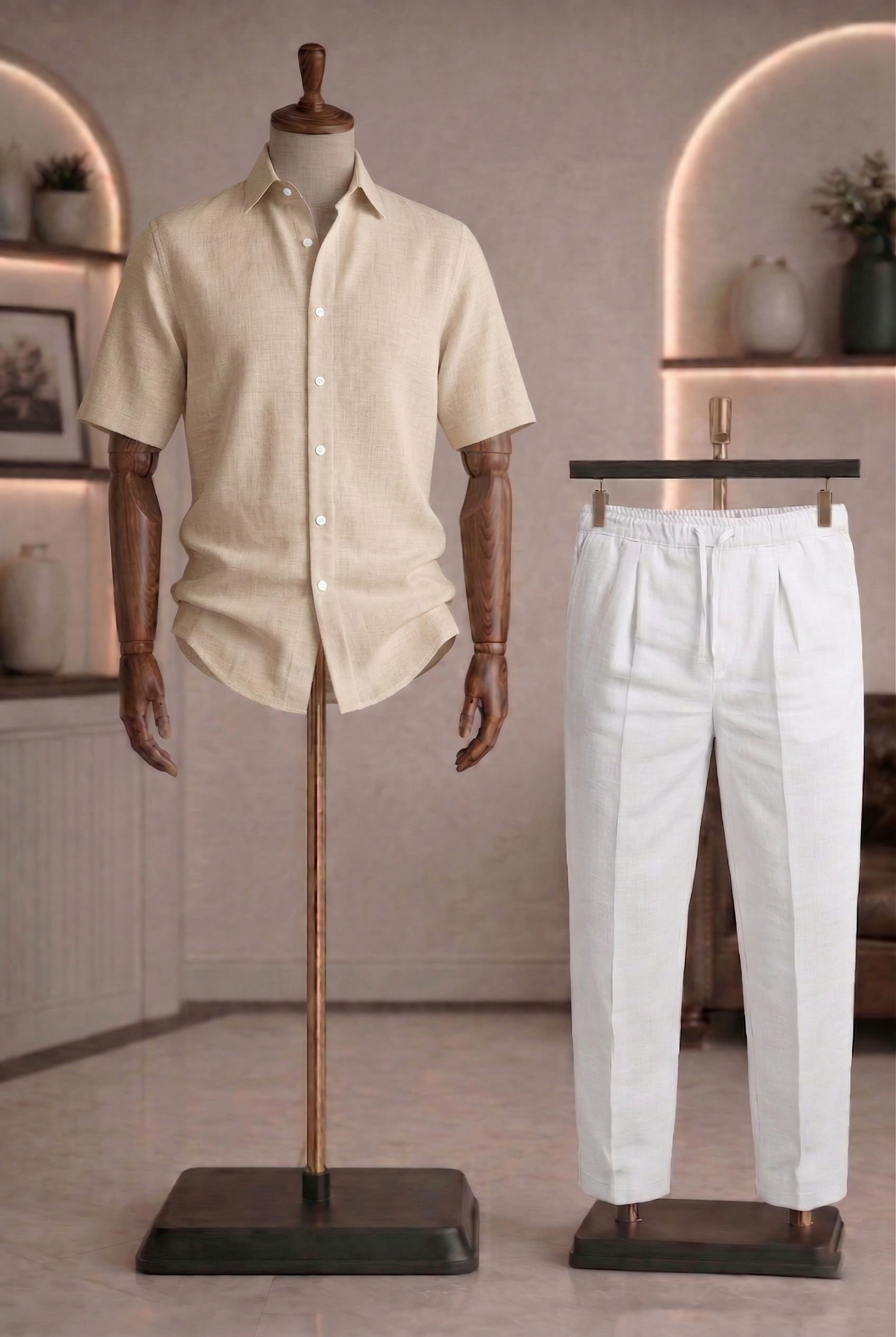 Half Sleeve Linen Pair For Men | Beige Linen Shirt with White Linen Pant