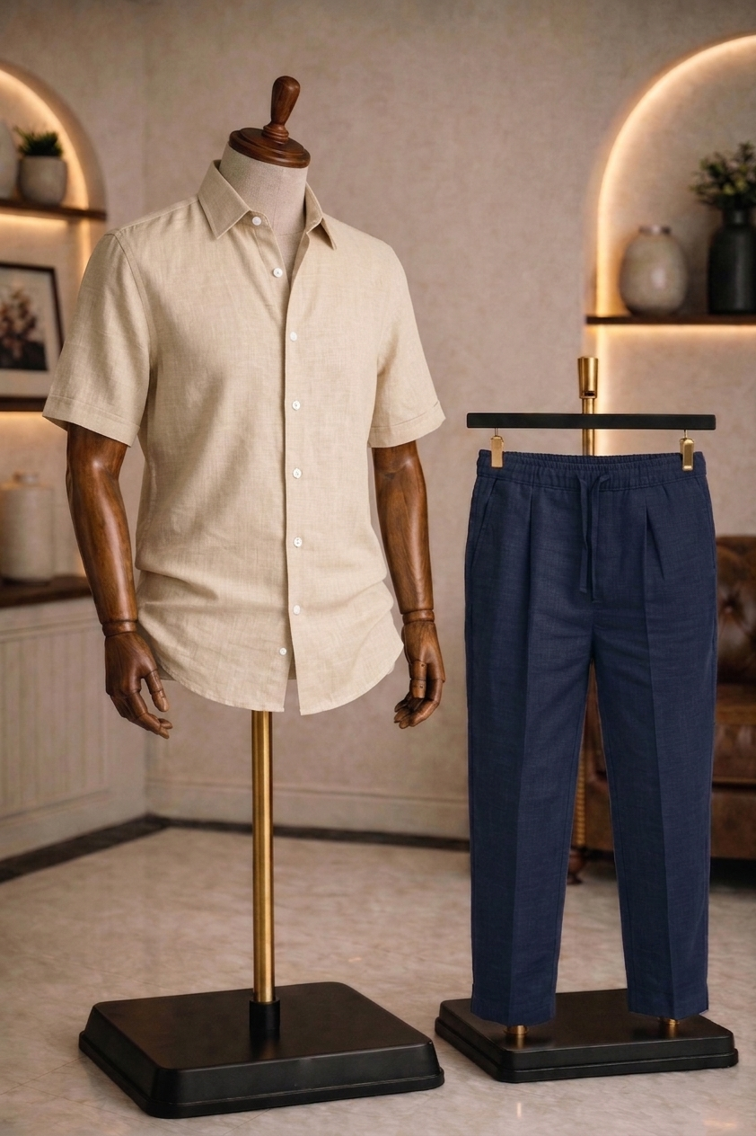 Half Sleeve Linen Pair For Men | Beige Linen Shirt with Navy Linen Pant
