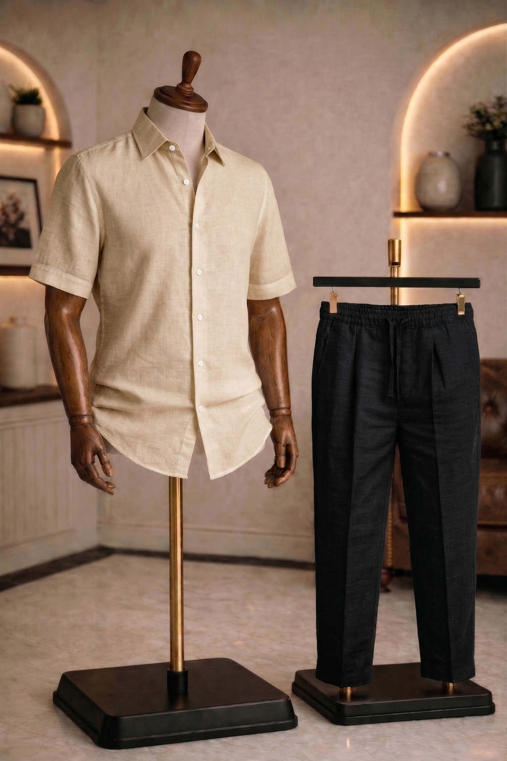 Half Sleeve Linen Pair For Men | Beige Linen Shirt with Black Linen Pant
