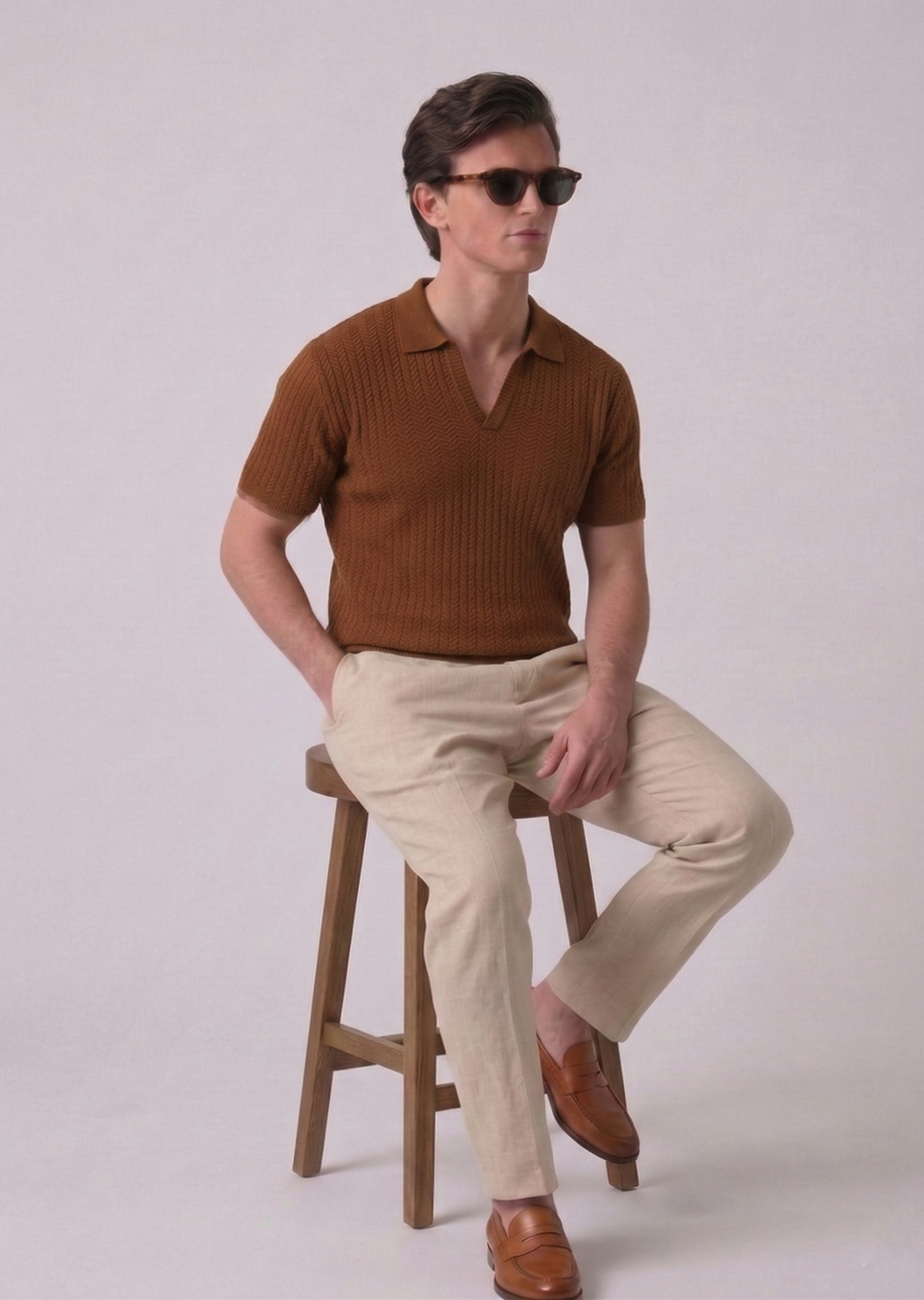 Brown Chevron Textured Full Sleeves Knit Polo T-Shirt