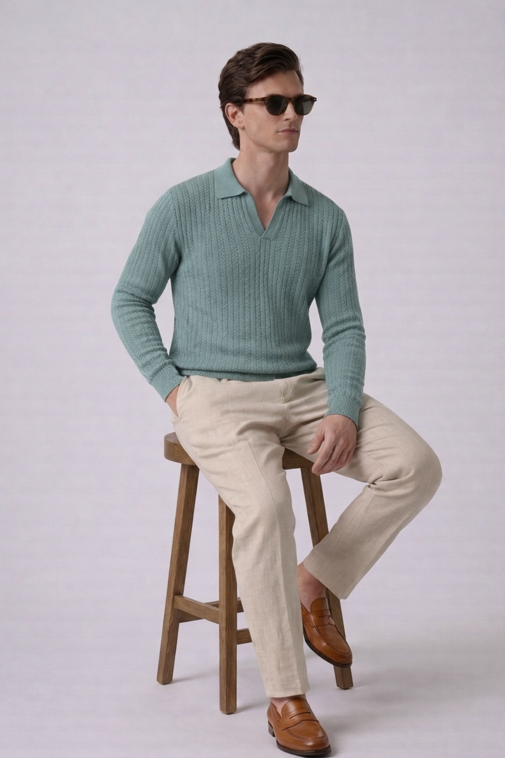 Sage Green Textured Half Sleeves Knit Polo T-Shirt