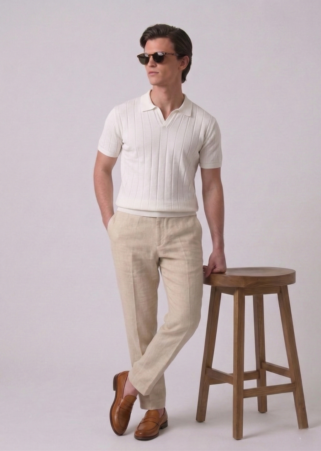 White Contour Textured Full Sleeves Knit Polo T-shirt