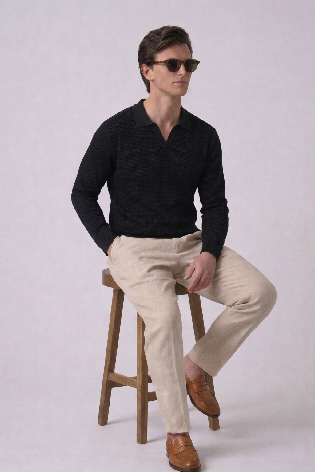 Black Textured Knit Polo by French Cuff