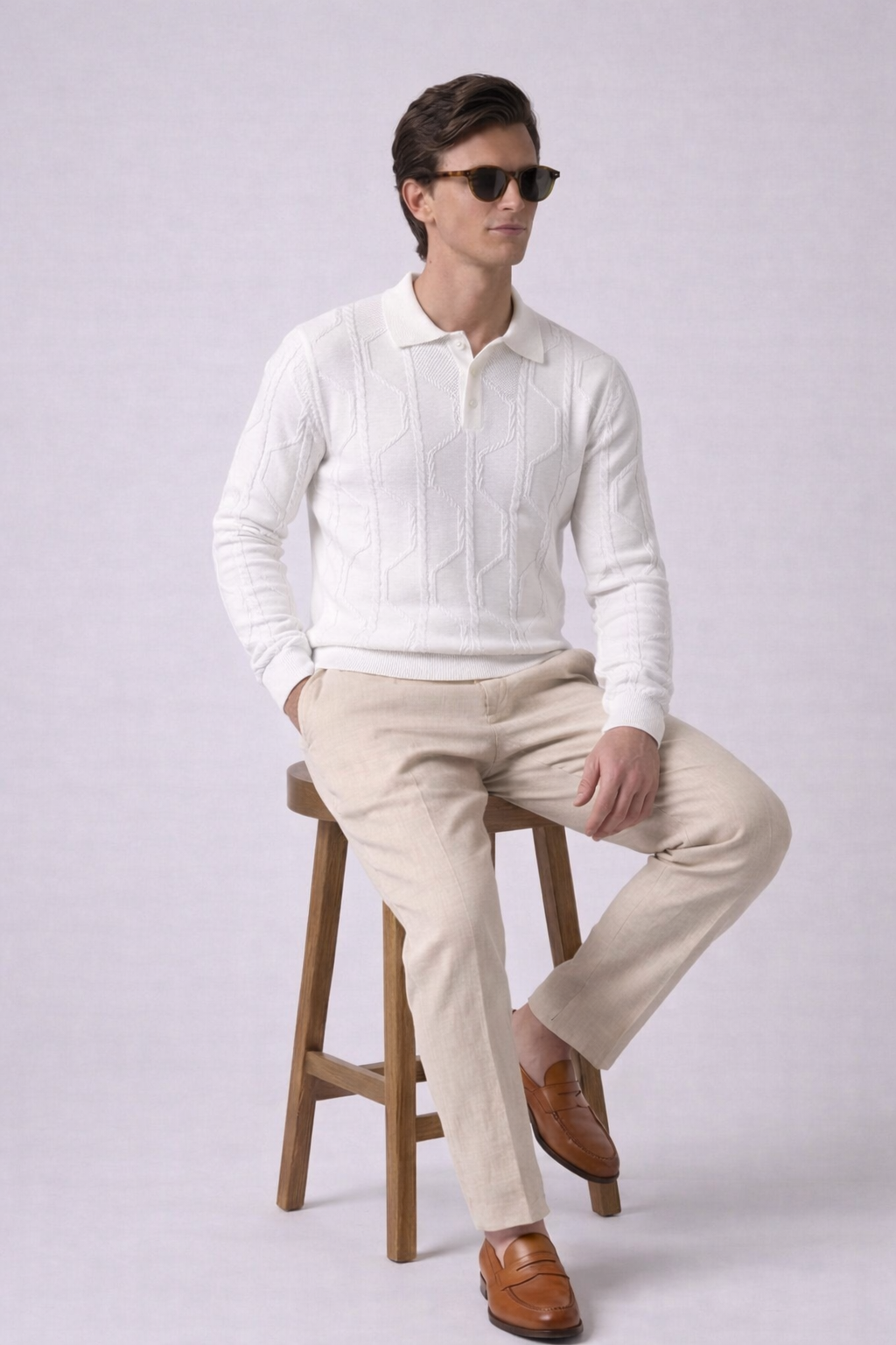 White Braided Textured Full Sleeves Knit Polo T-Shirt