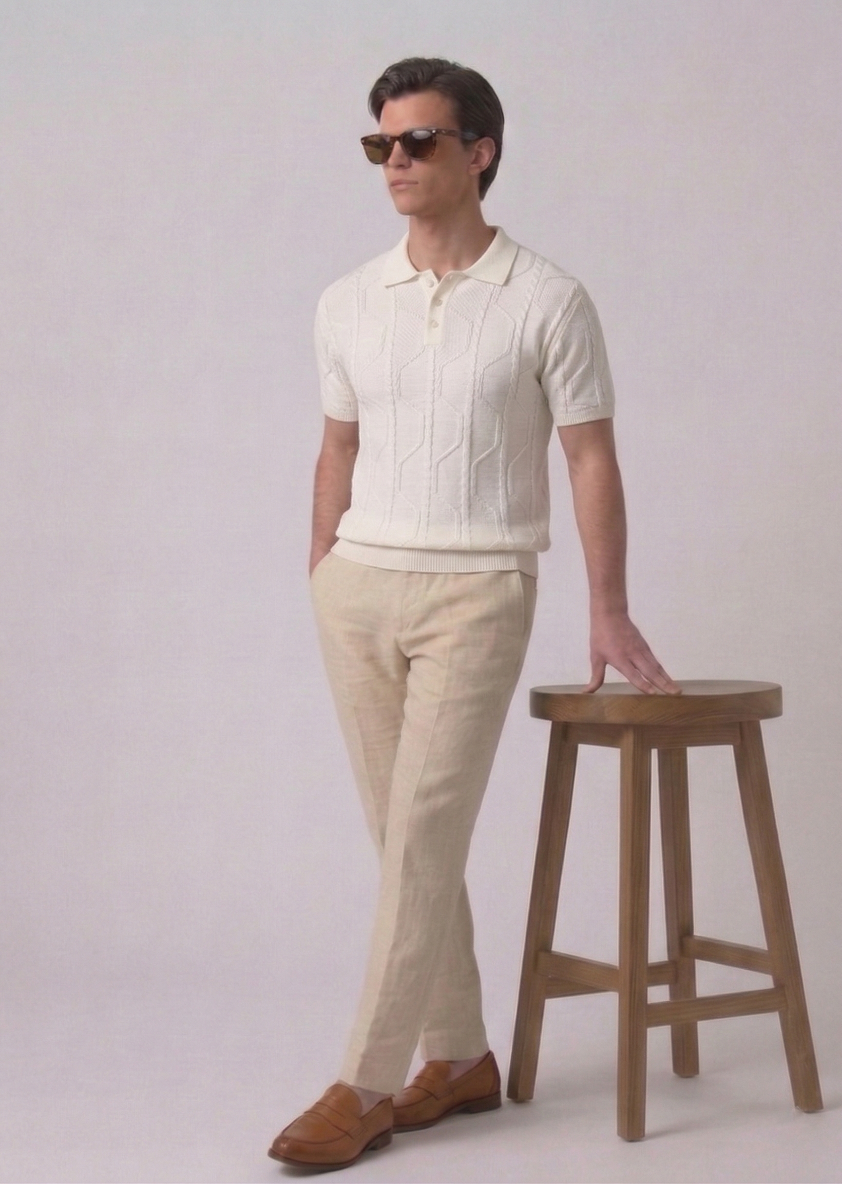 White Braided Textured Knit Polo by French Cuff