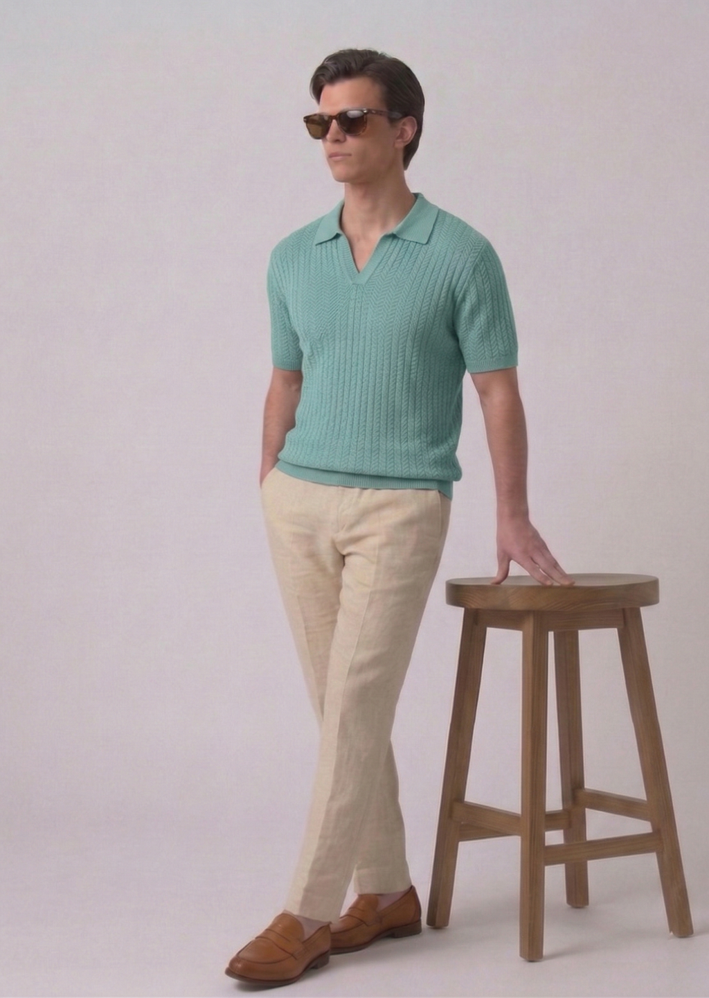 Sage Green Textured Half Sleeves Knit Polo T-Shirt