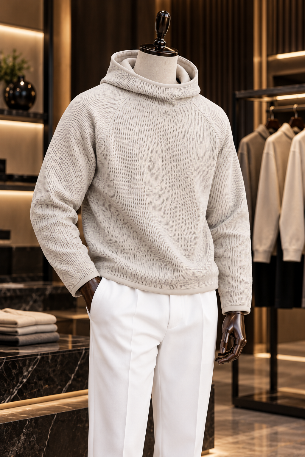 Men’s Beige Waffle Knit Hoodie | Cowl Neck Pullover