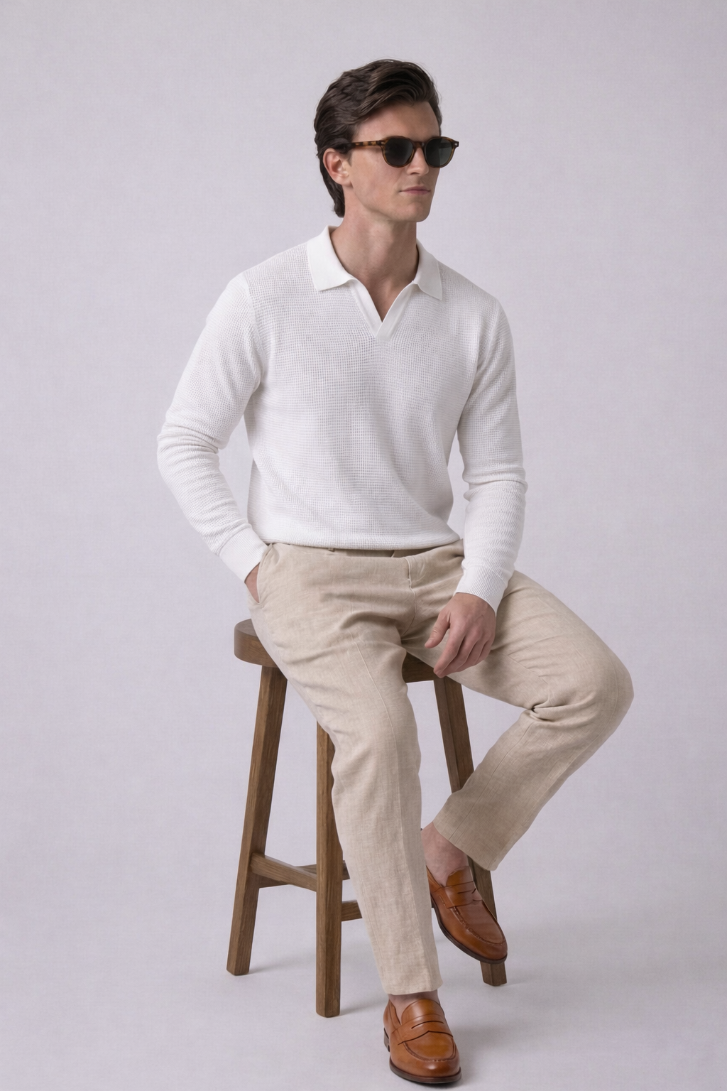 White Textured Half Sleeves Knit Polo T-Shirt