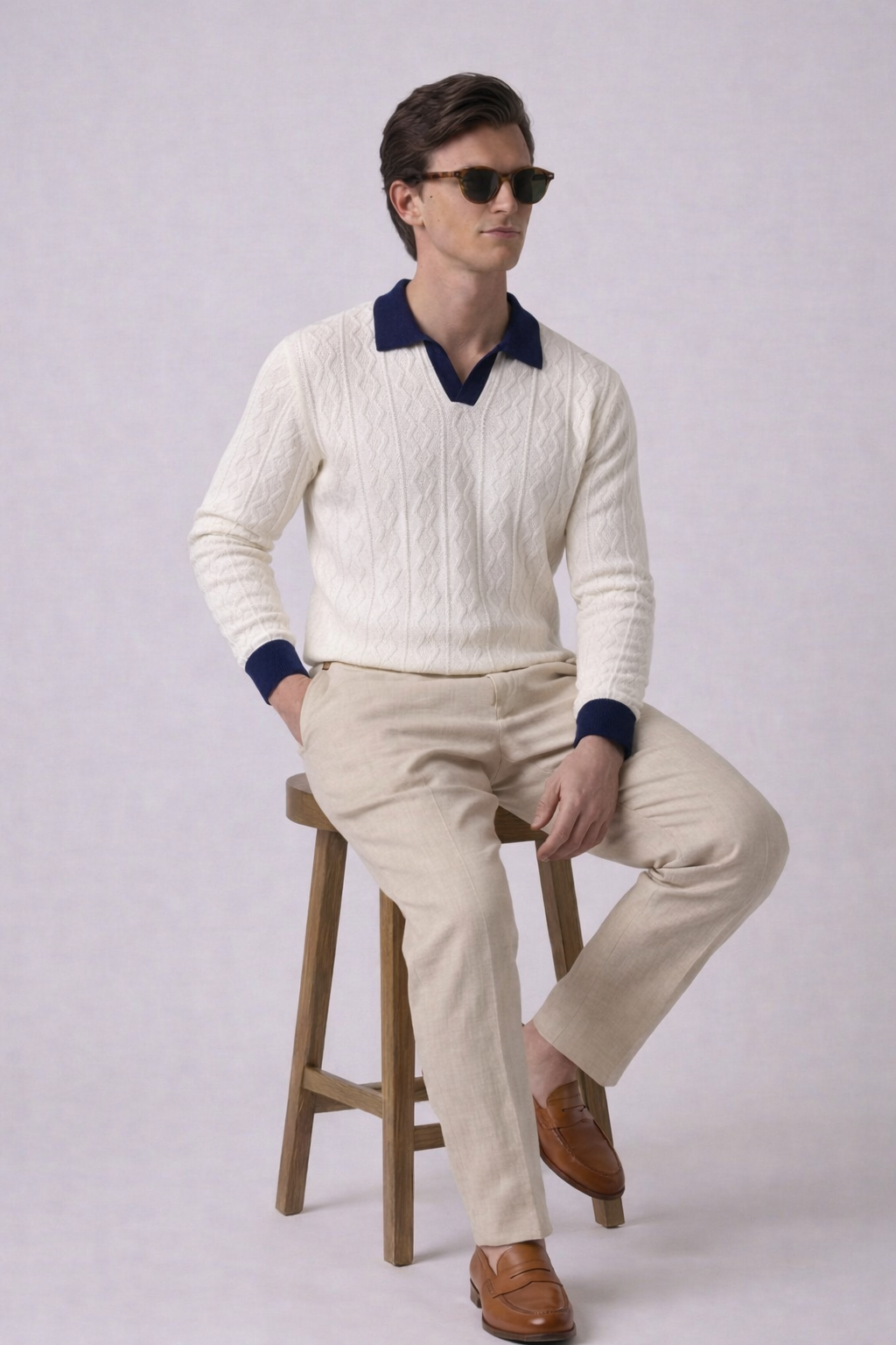 White Aran Textured Full Sleeves Knit Polo T-Shirt