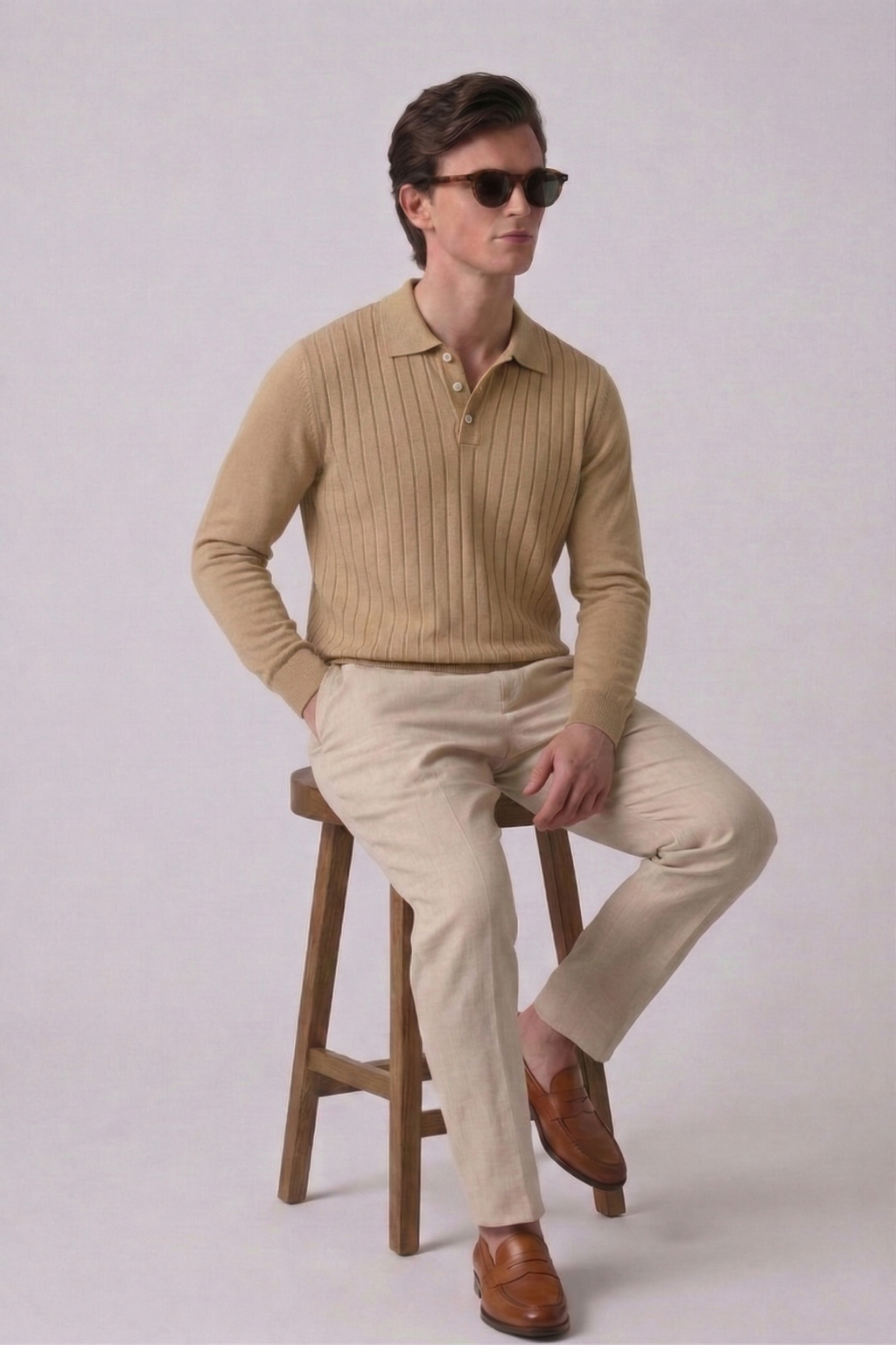 Beige Textured Knit Polo T-Shirt