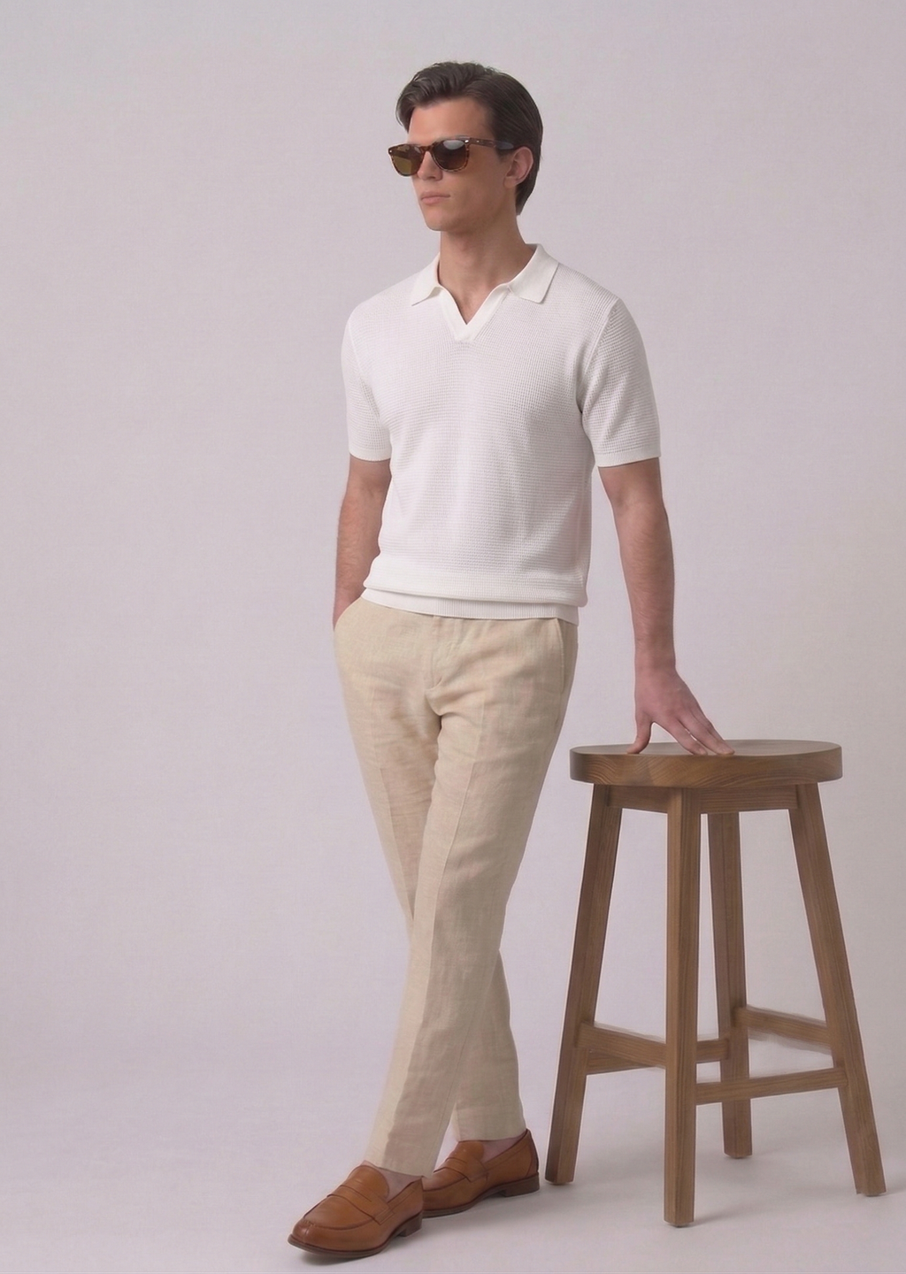 White Textured Half Sleeves Knit Polo T-Shirt