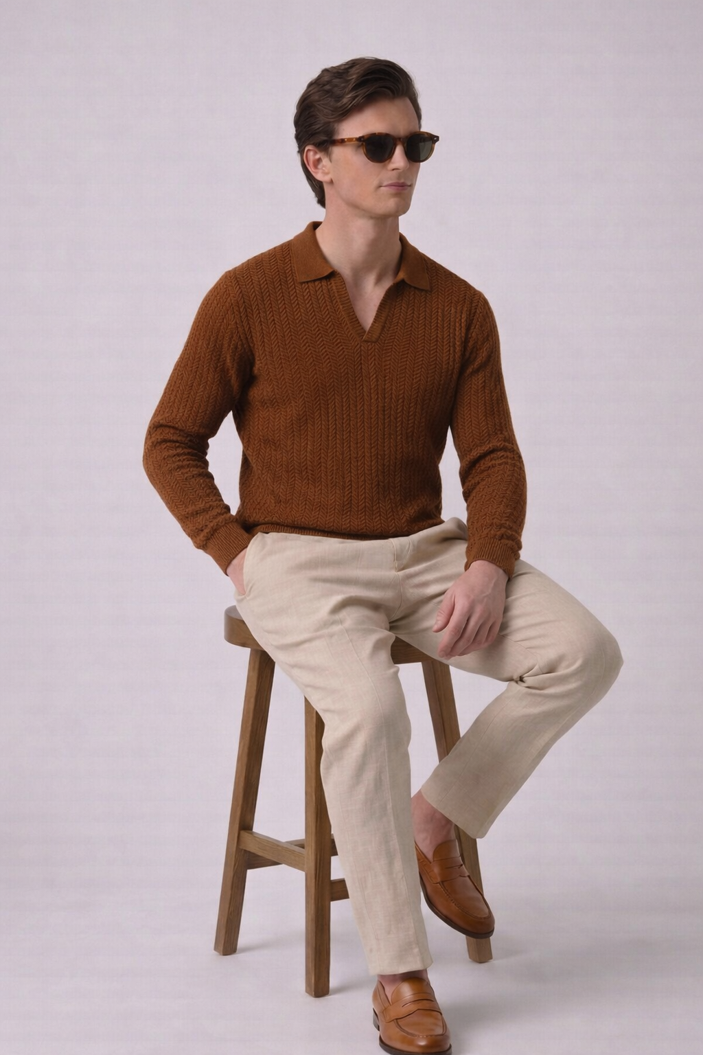 Brown Chevron Textured Full Sleeves Knit Polo T-Shirt