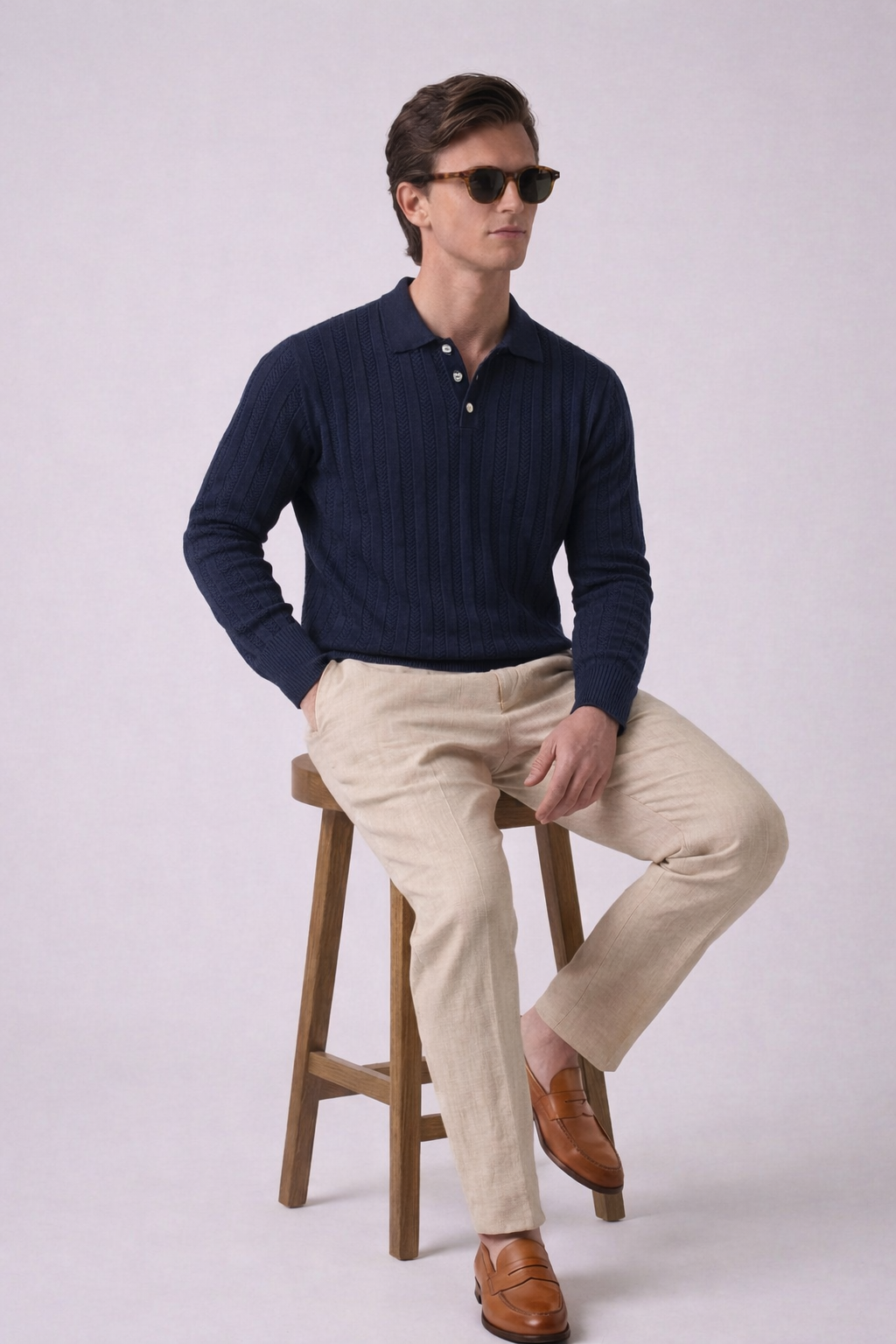 Navy Blue Chevron Textured Knit Polo by French Cuff