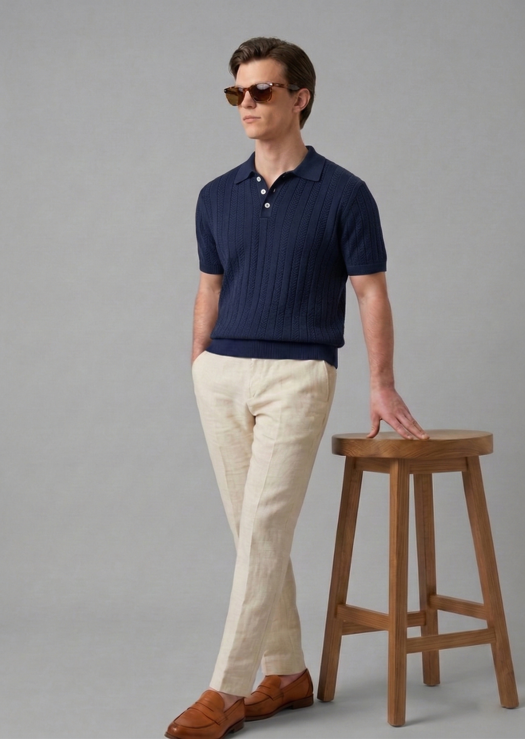 Navy Blue Chevron Textured Knit Polo by French Cuff