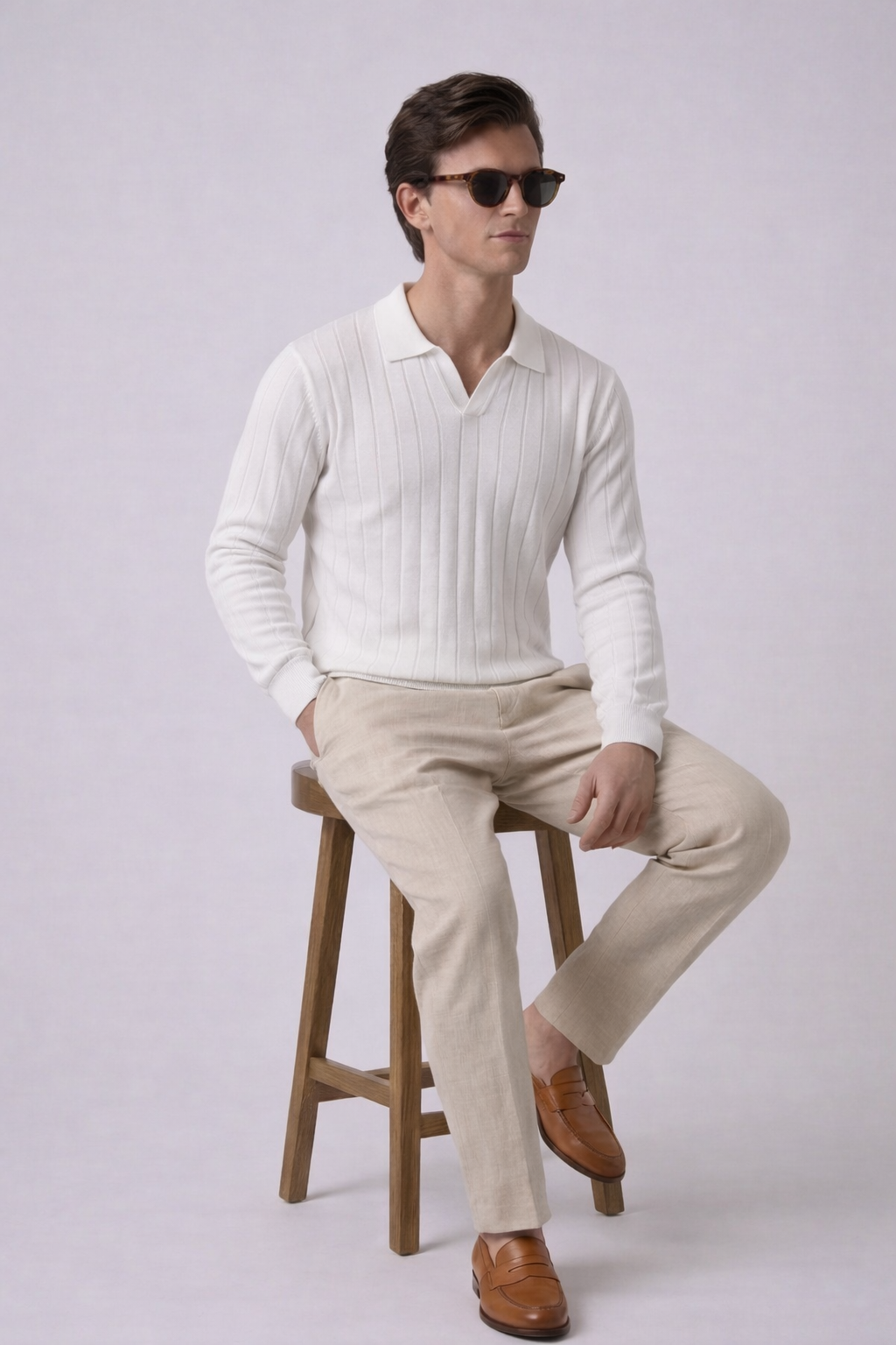 White Contour Textured Full Sleeves Knit Polo T-shirt
