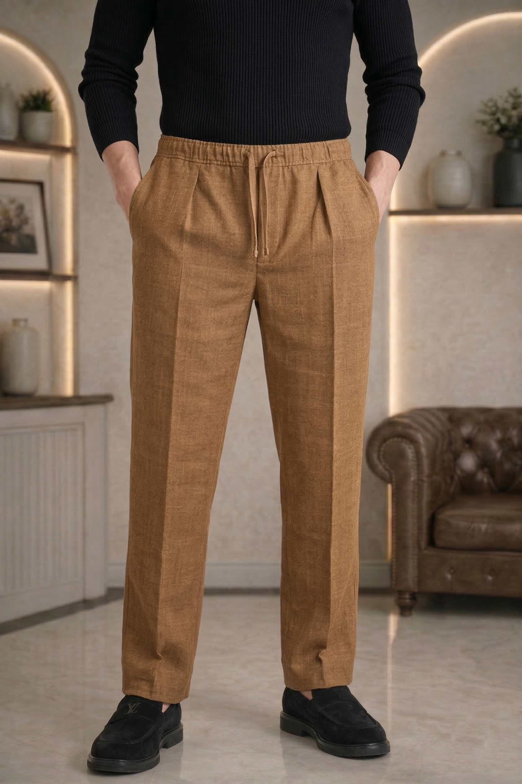 Brown Linen Drawstring Trouser Pant by French Cuff