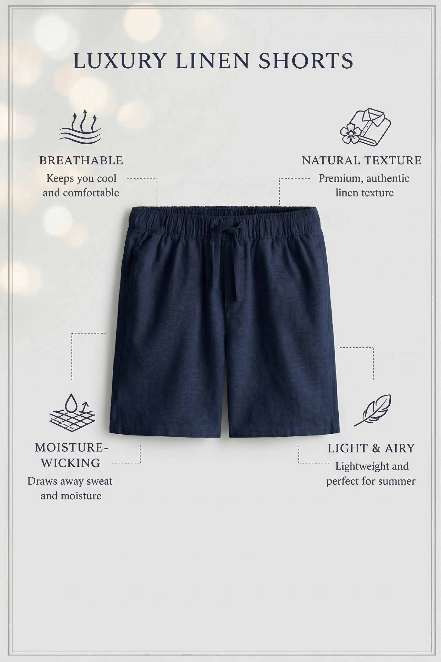 Navy Blue Linen Drawstring Shorts by French Cuff
