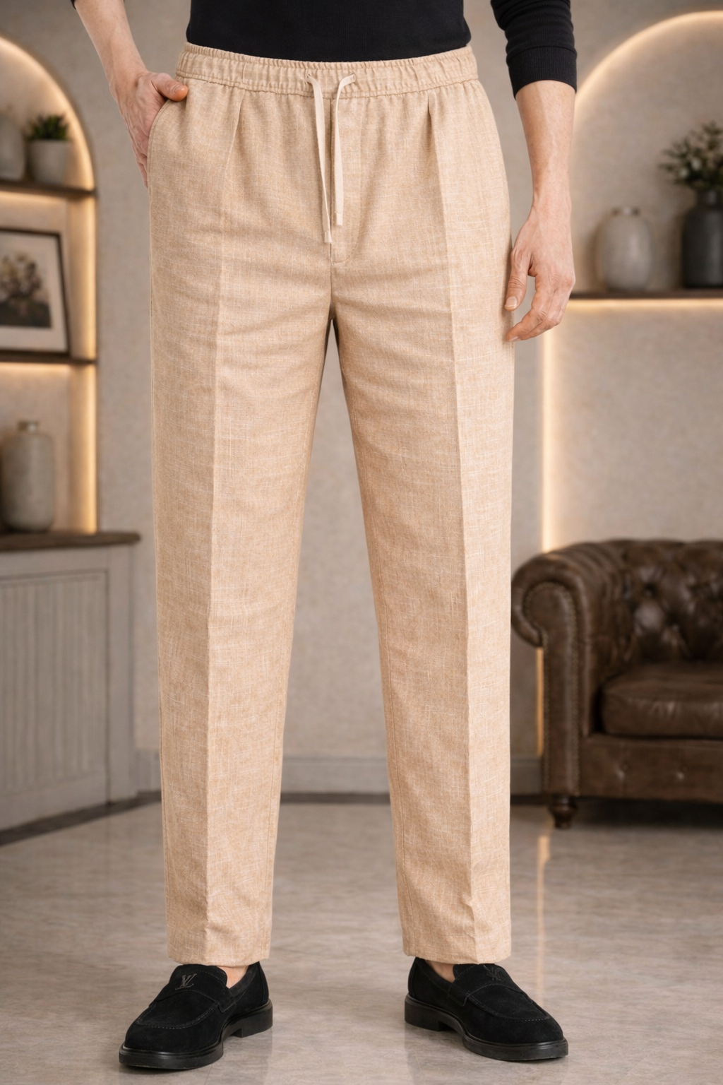 Khaki Linen Drawstring Trouser Pant by French Cuff