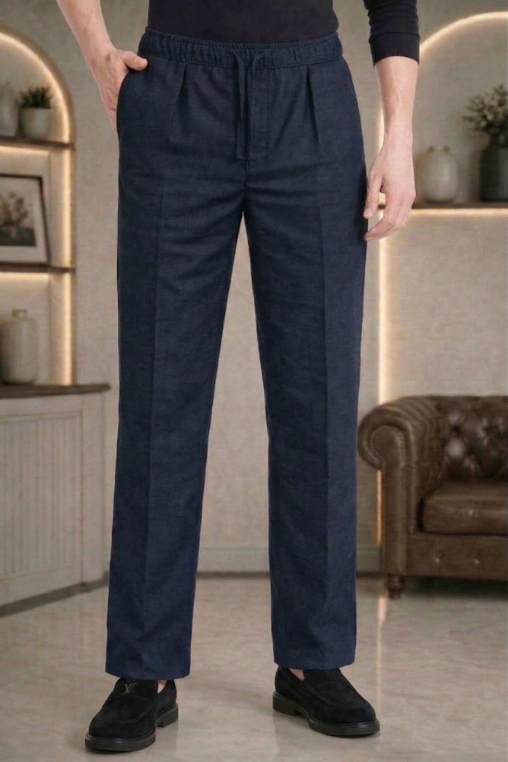 Navy Blue Linen Drawstring Trouser Pant by French Cuff