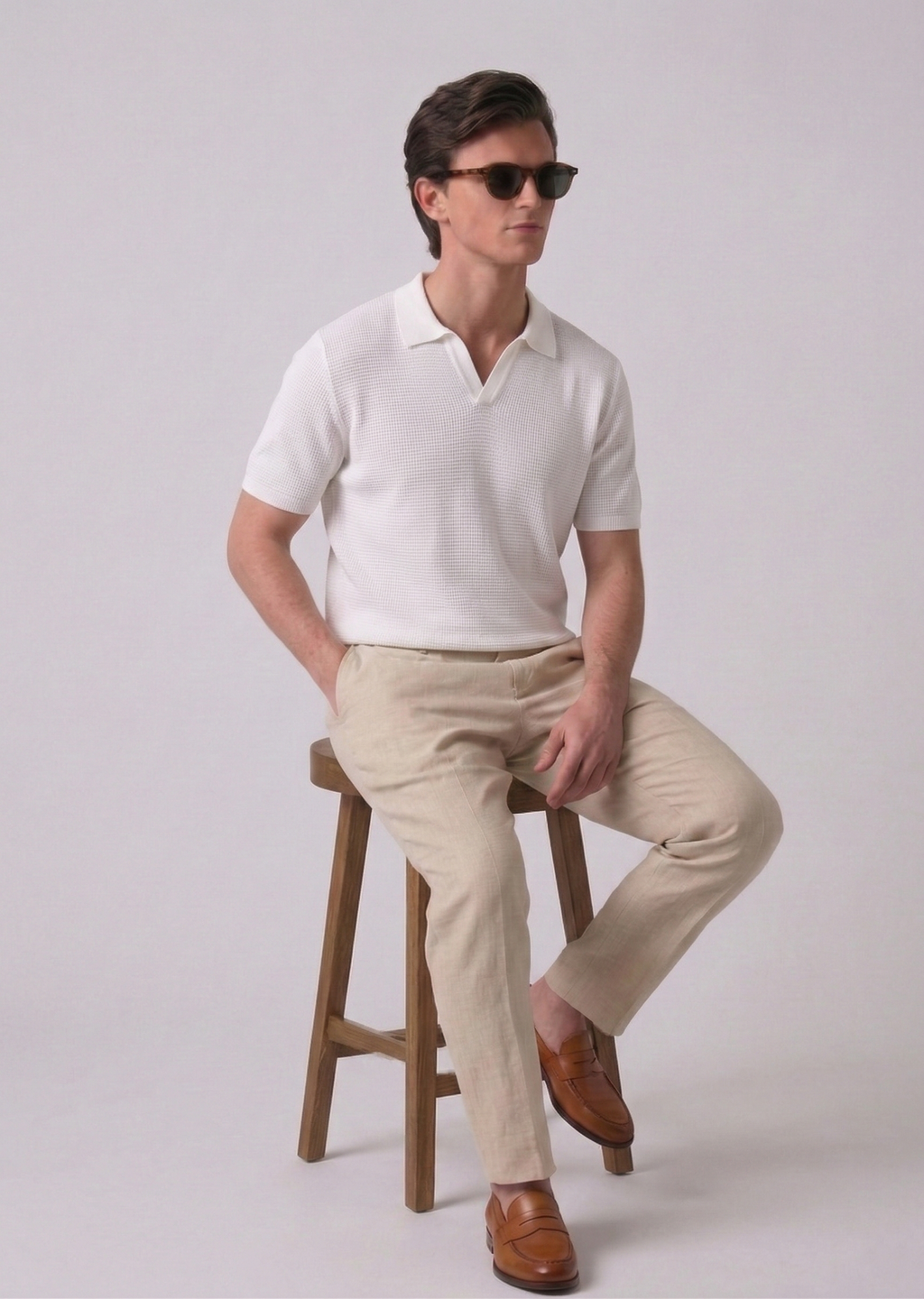 White Textured Half Sleeves Knit Polo T-Shirt