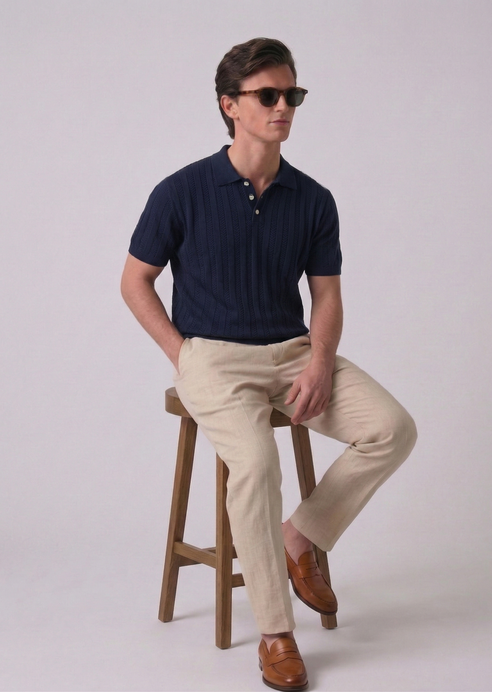 Navy Blue Chevron Textured Knit Polo by French Cuff