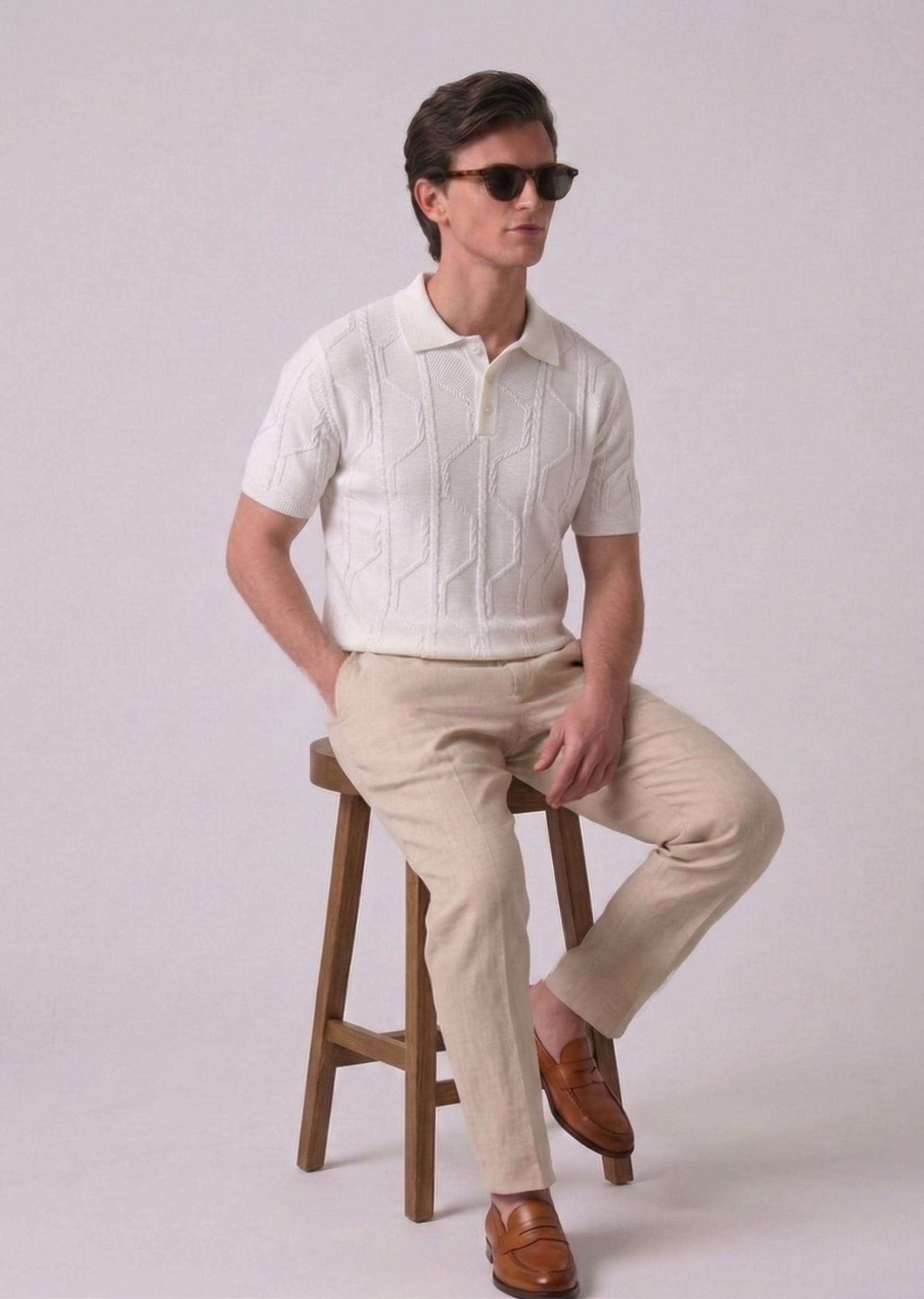 White Braided Textured Knit Polo by French Cuff