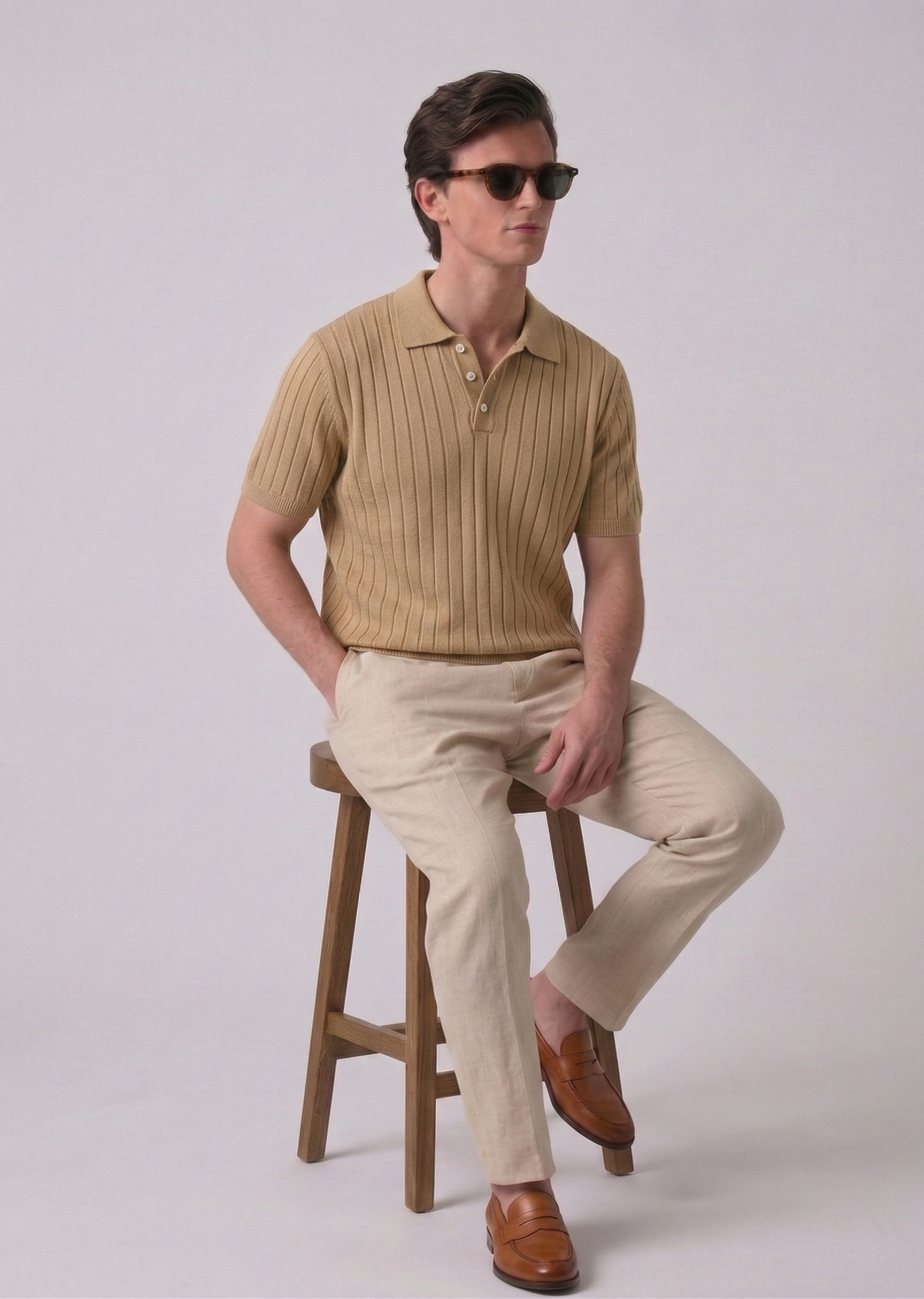 Beige Textured Knit Polo by French Cuff