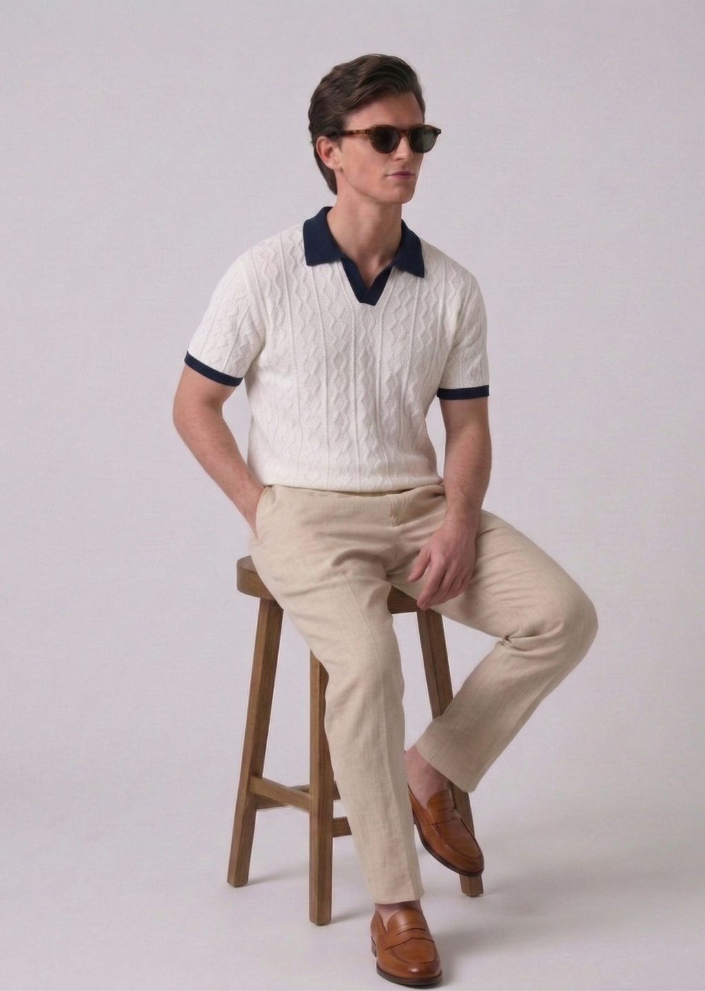 White Aran Textured Full Sleeves Knit Polo T-Shirt