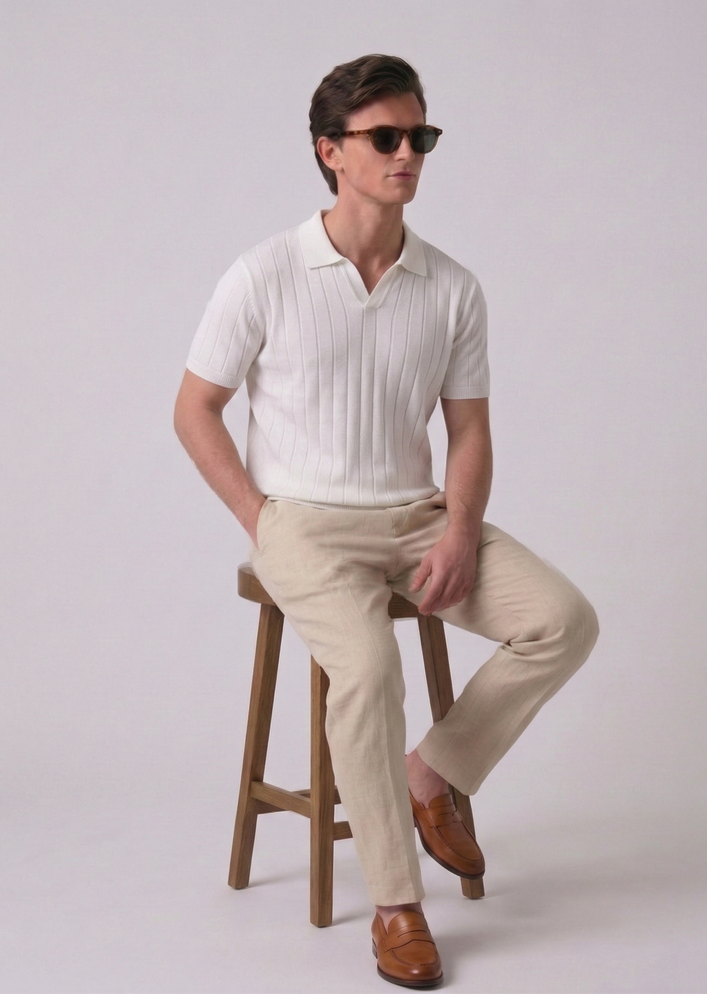 White Contour Textured Full Sleeves Knit Polo T-shirt