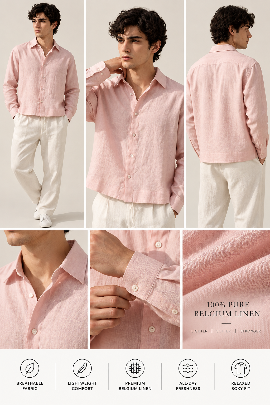 Full Sleeve Pink Boxy Fit Pure Belgium Linen Crop Shirt